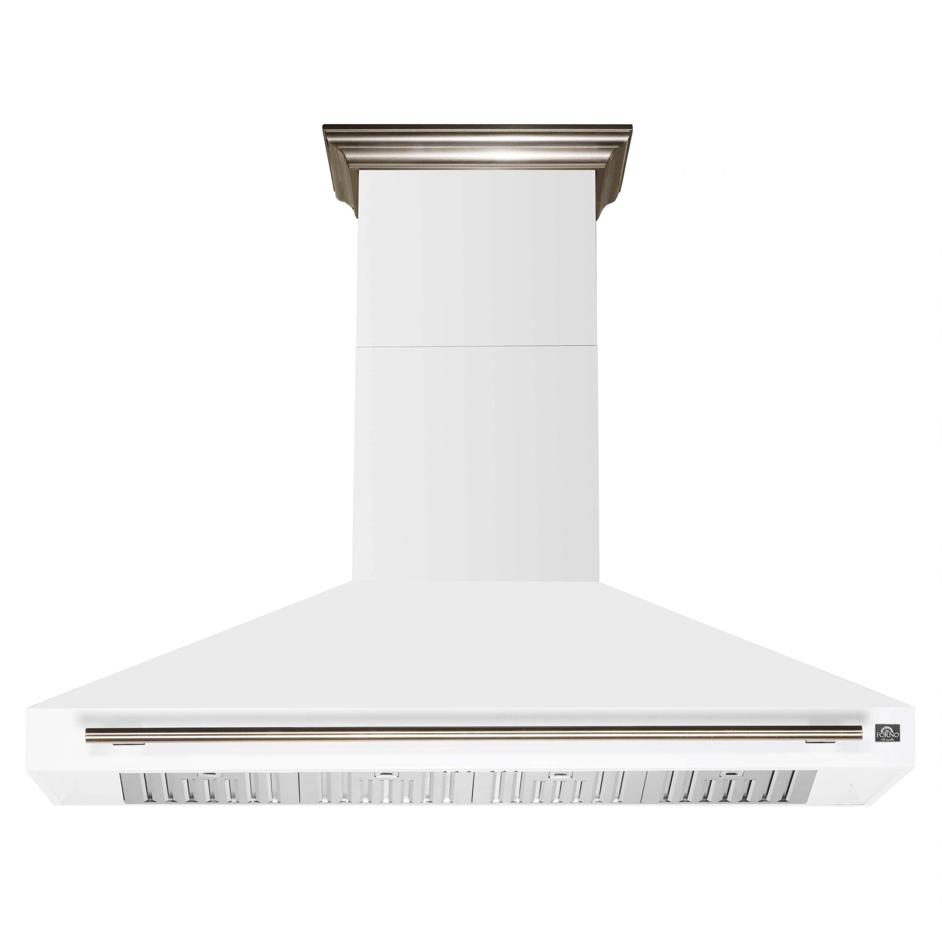 White wall mount range hood with antique brass trim and vent grille