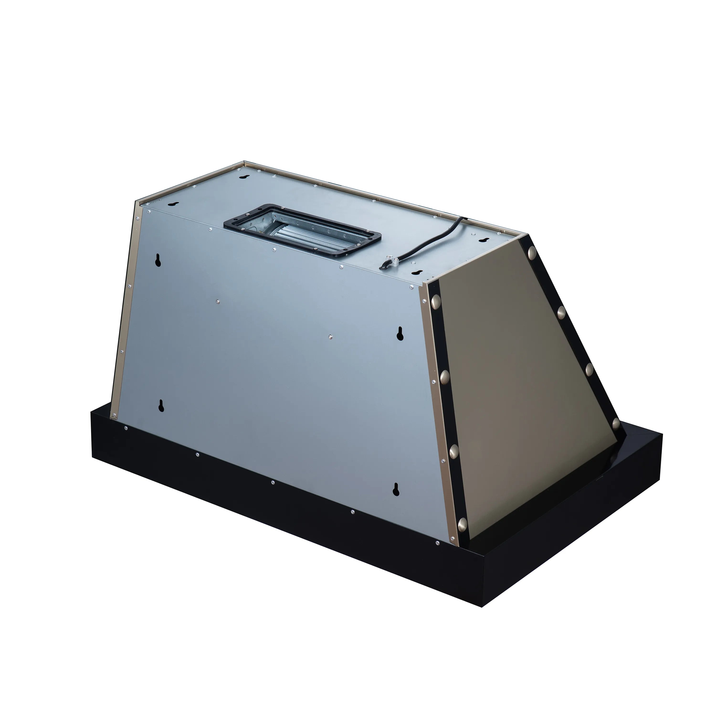 Underside of black range hood with wiring access opening