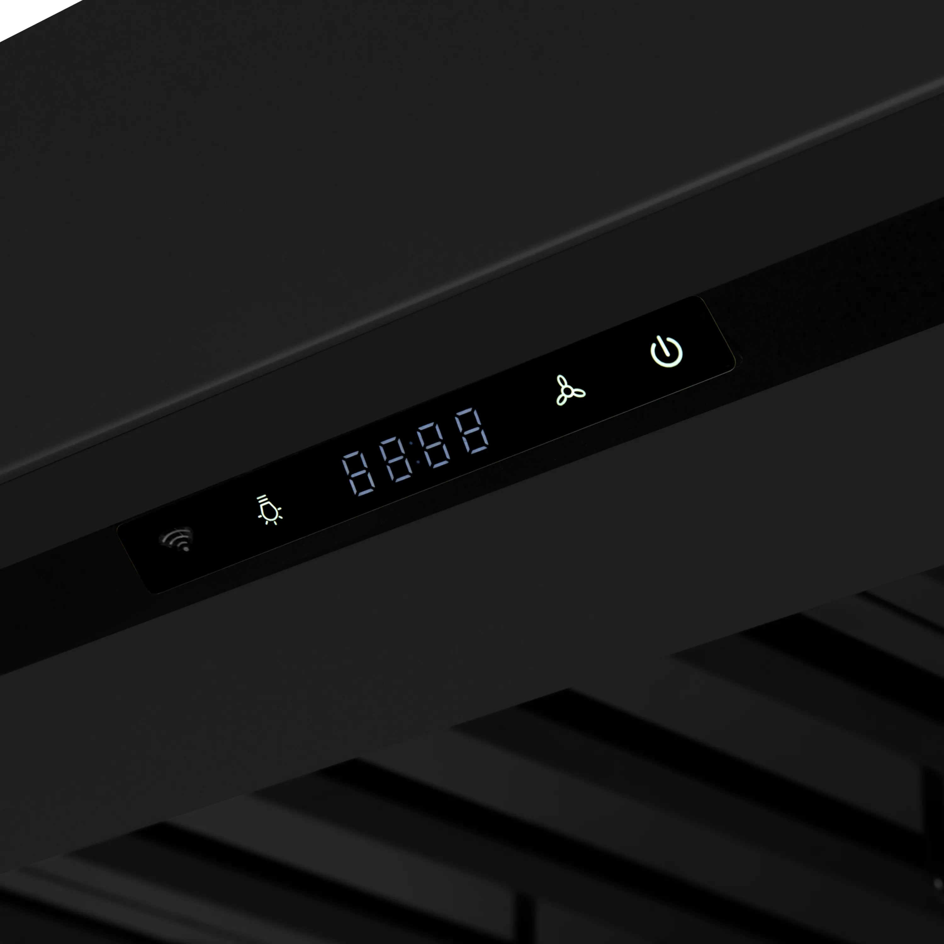 Black range hood control panel with digital display and speed icons