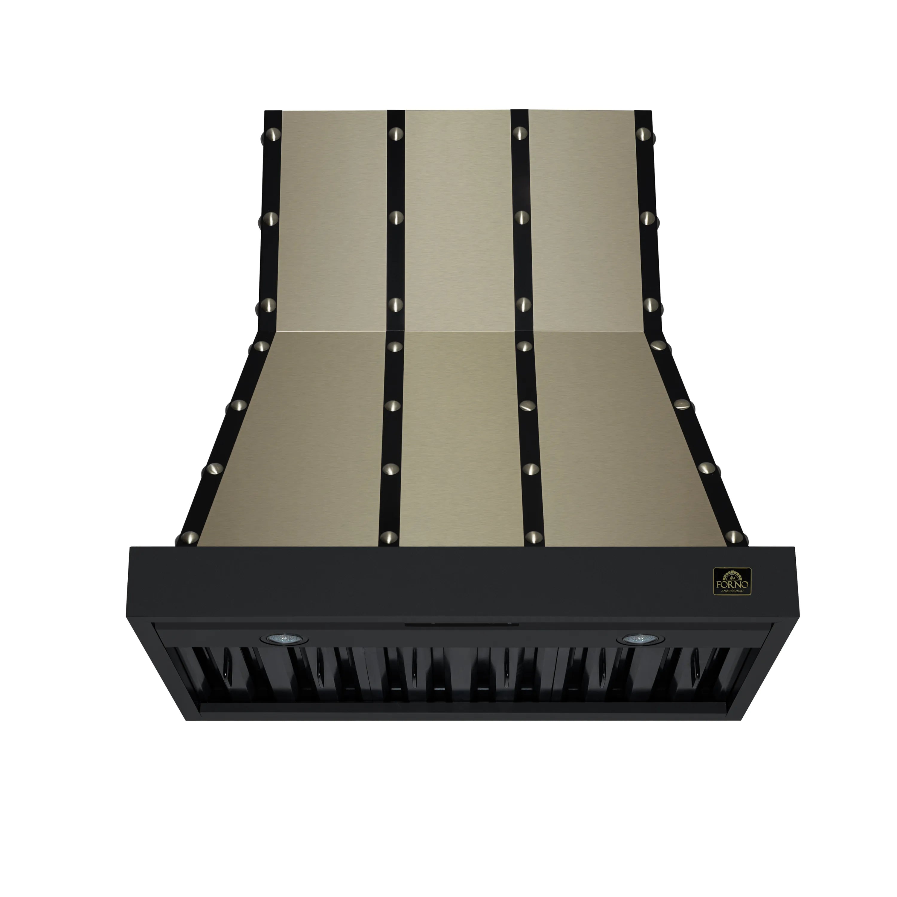 Black range hood underside with baffle filters and metal chimney interior