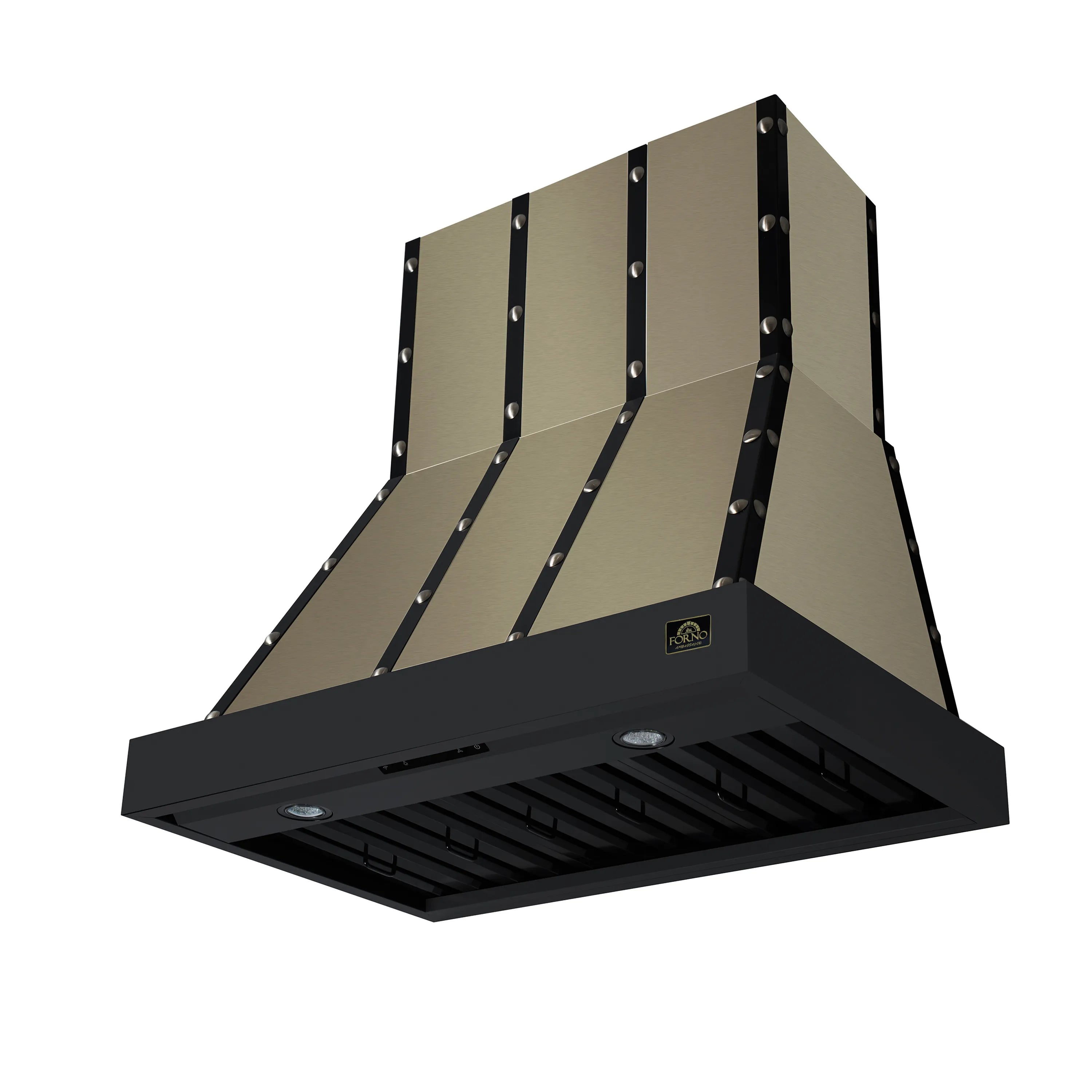 Black range hood with chimney canopy and baffle filter opening