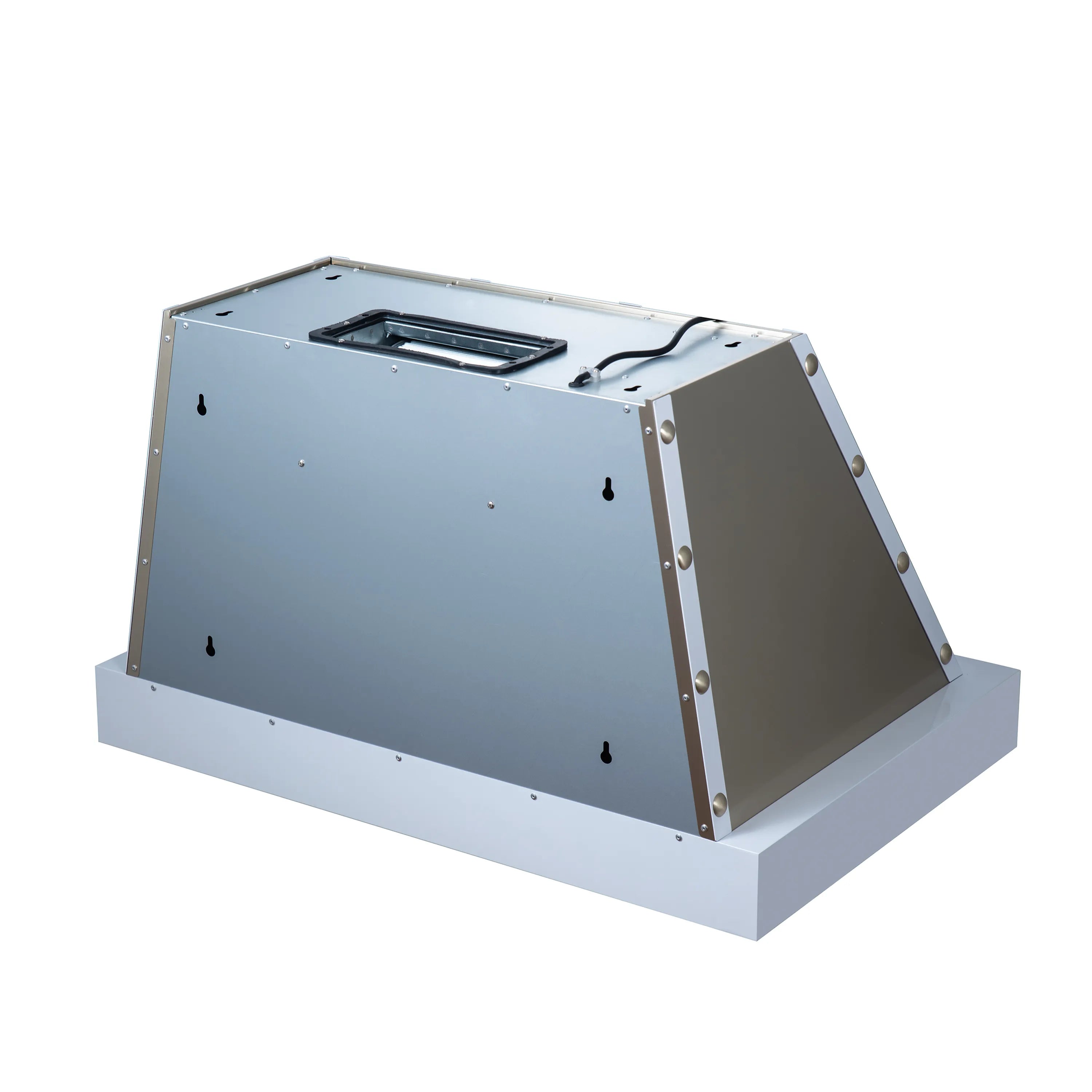 Range hood body with large rectangular duct opening and mounting screws