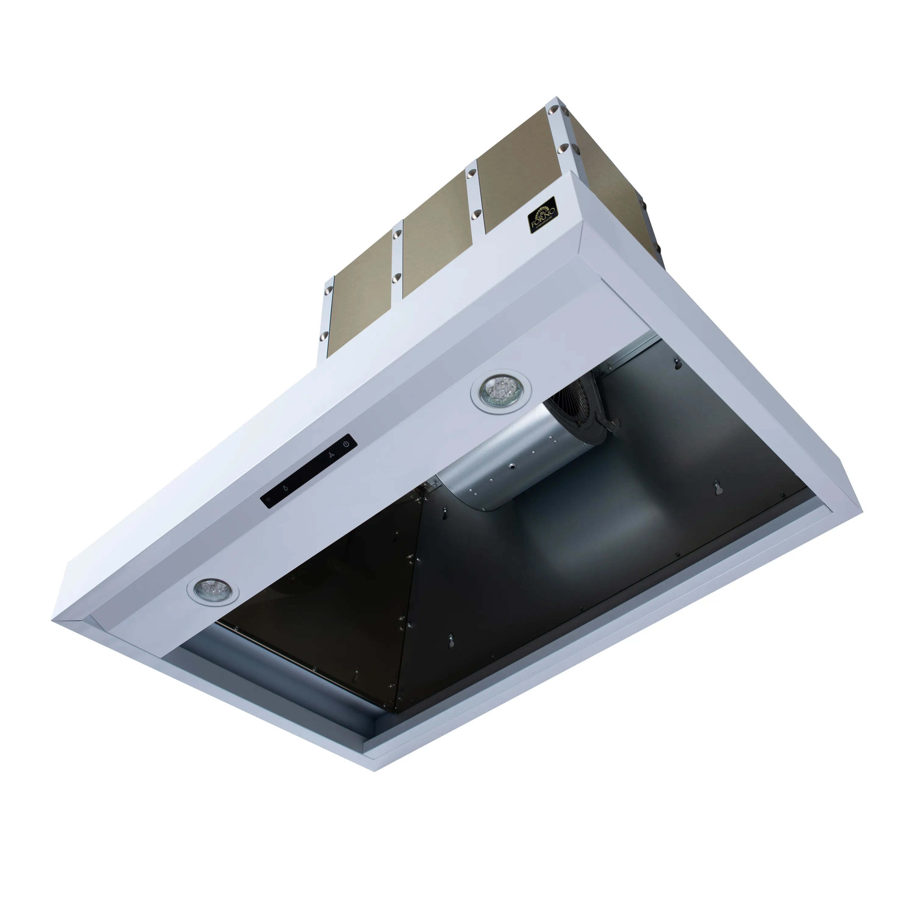 White range hood interior with baffle tray and two round LED lights