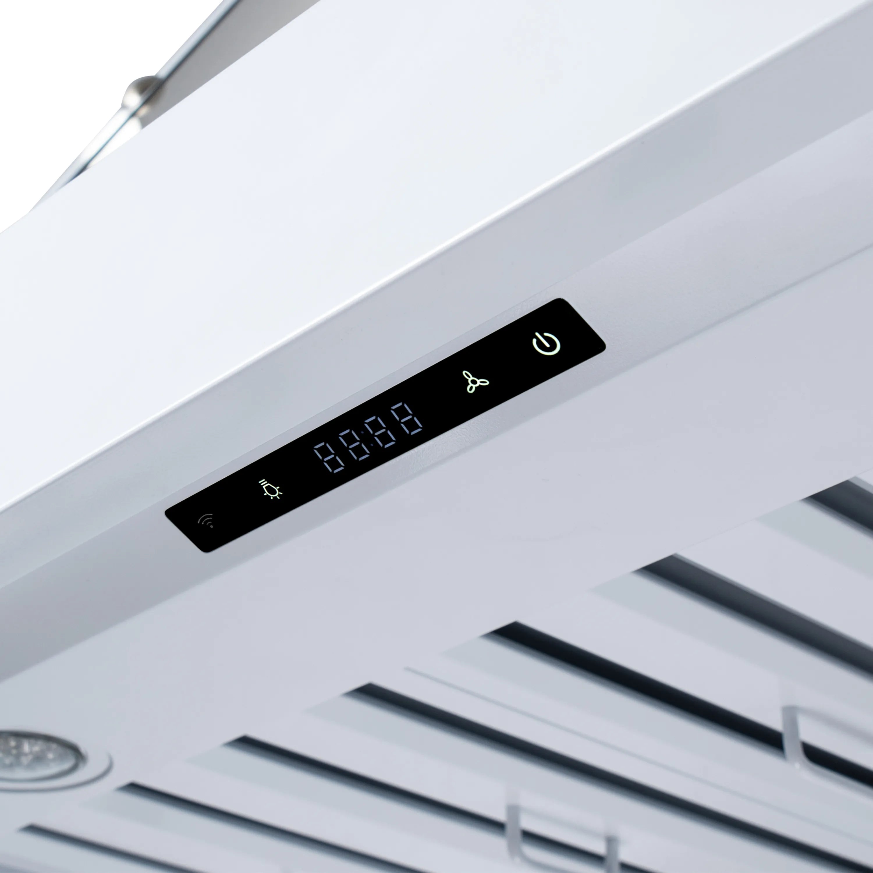 White range hood control panel with LED display and speed icons