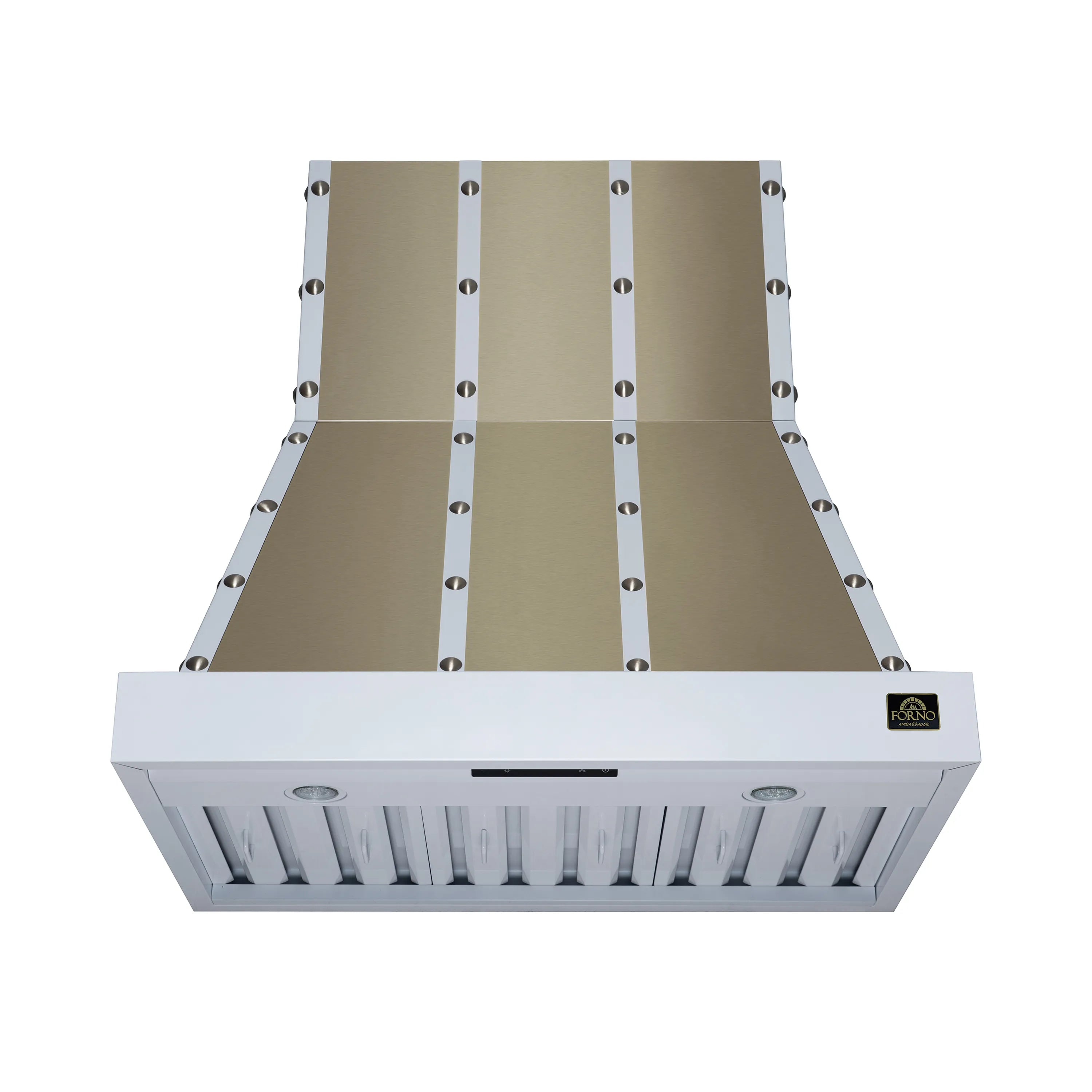 White range hood underside with baffle filters and circular vent-light openings