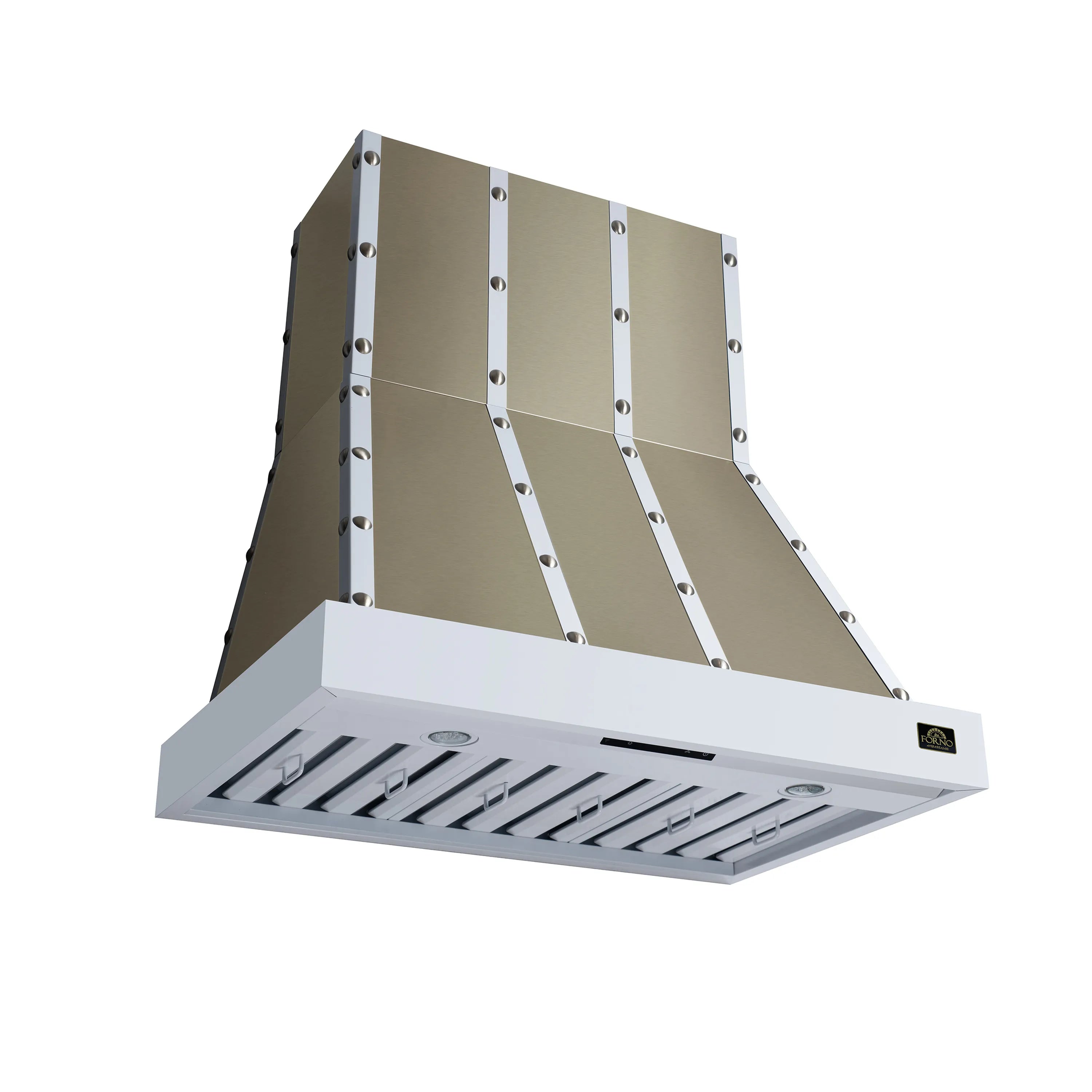 White range hood with sloped duct interior and baffle filter housing