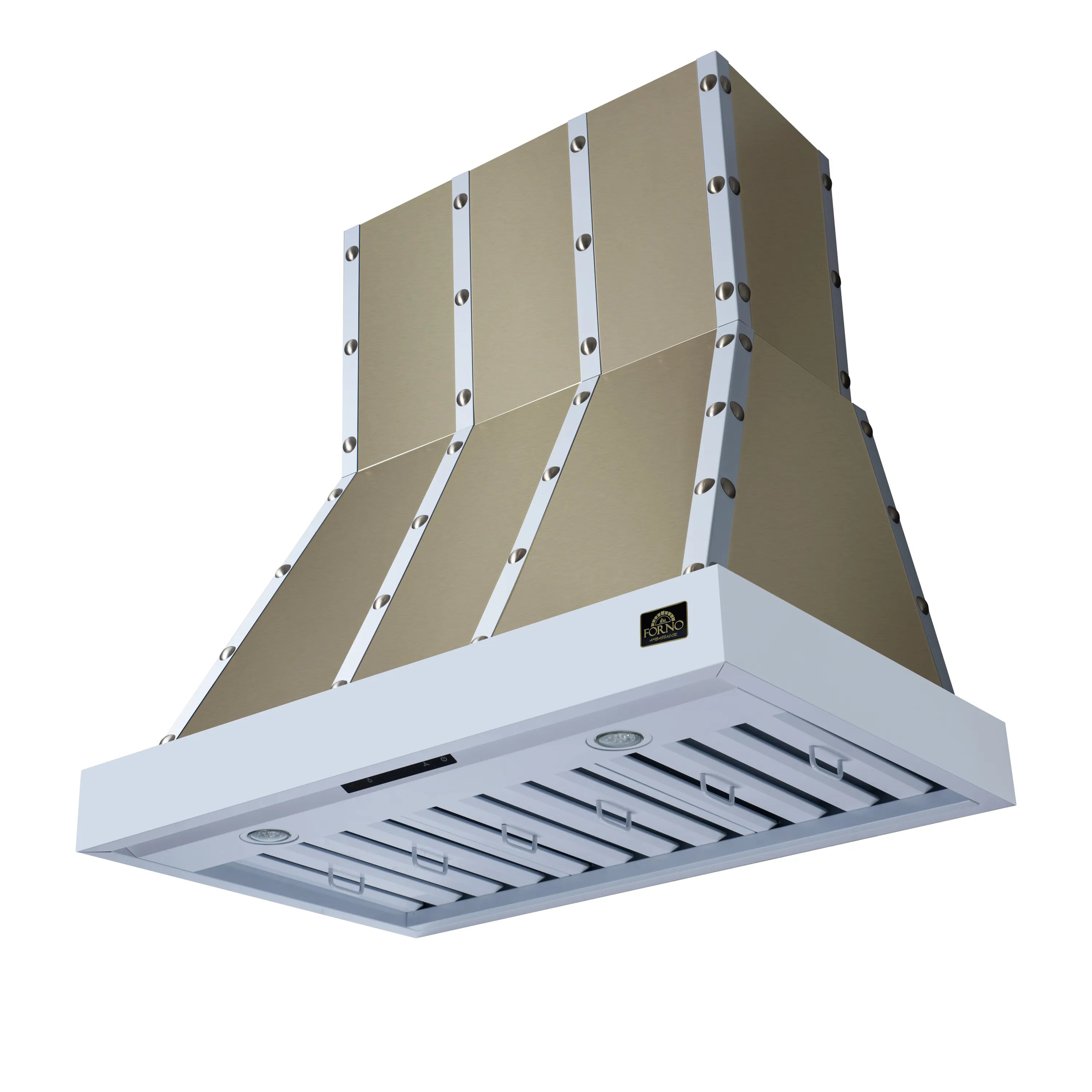White range hood with baffle filters and sloped duct cover