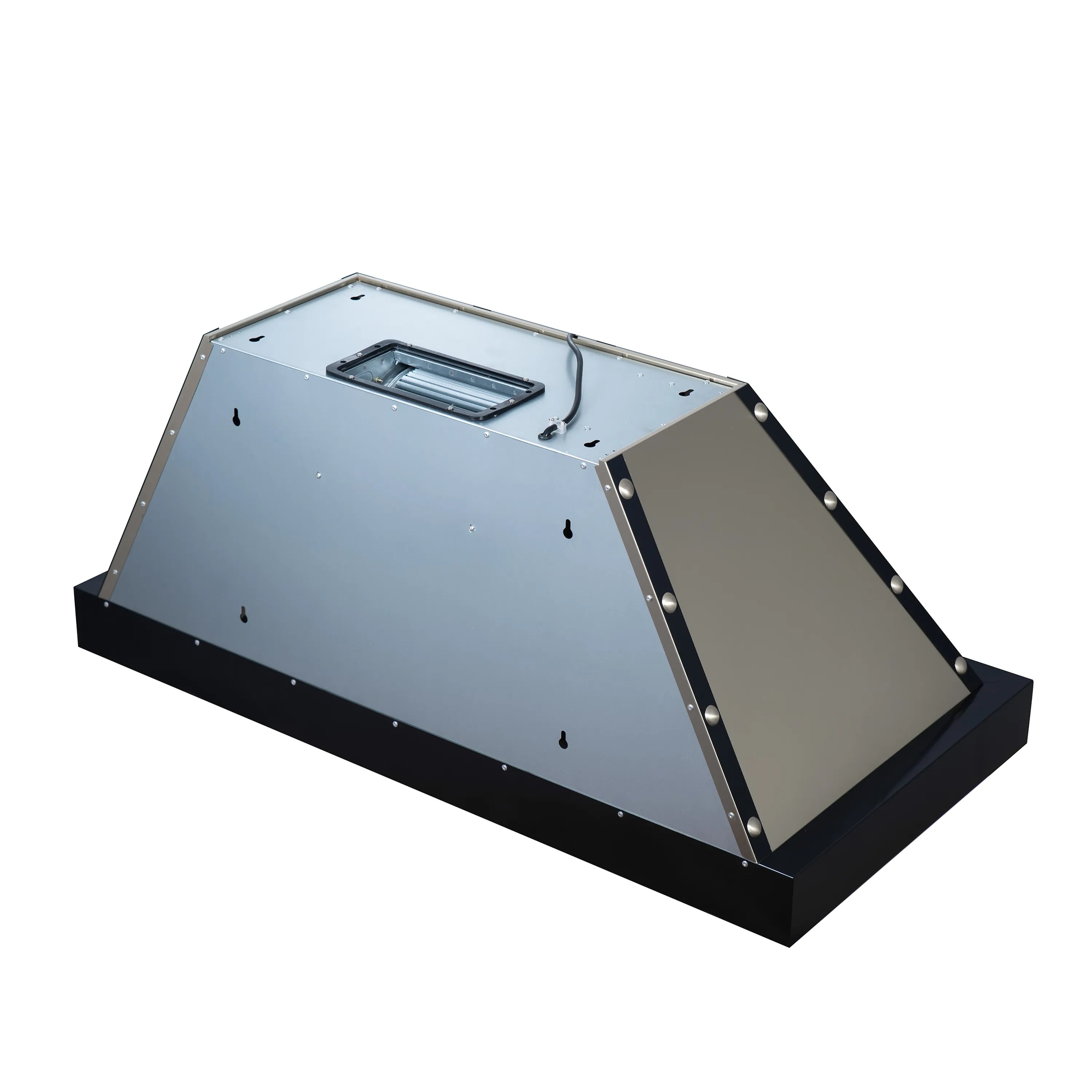 Range hood underside housing with steel duct opening and mounting screws