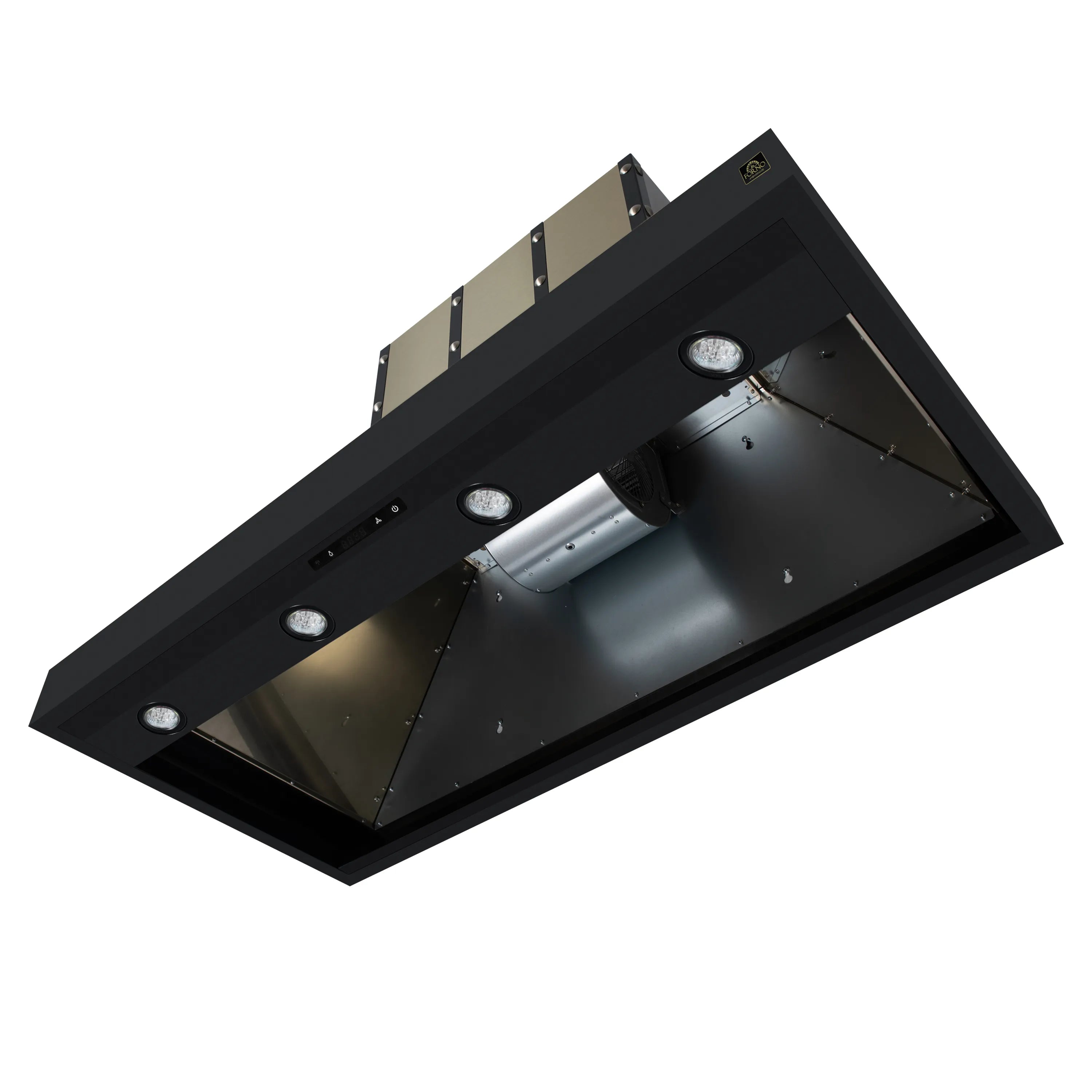 Range hood interior with duct opening and four recessed round LED lights