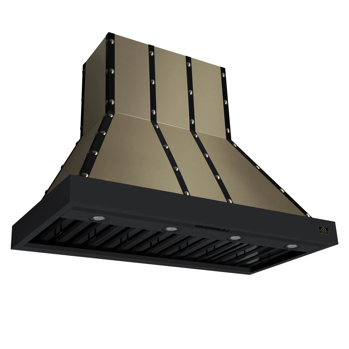 Black range hood with open front baffle filters and recessed LED lights