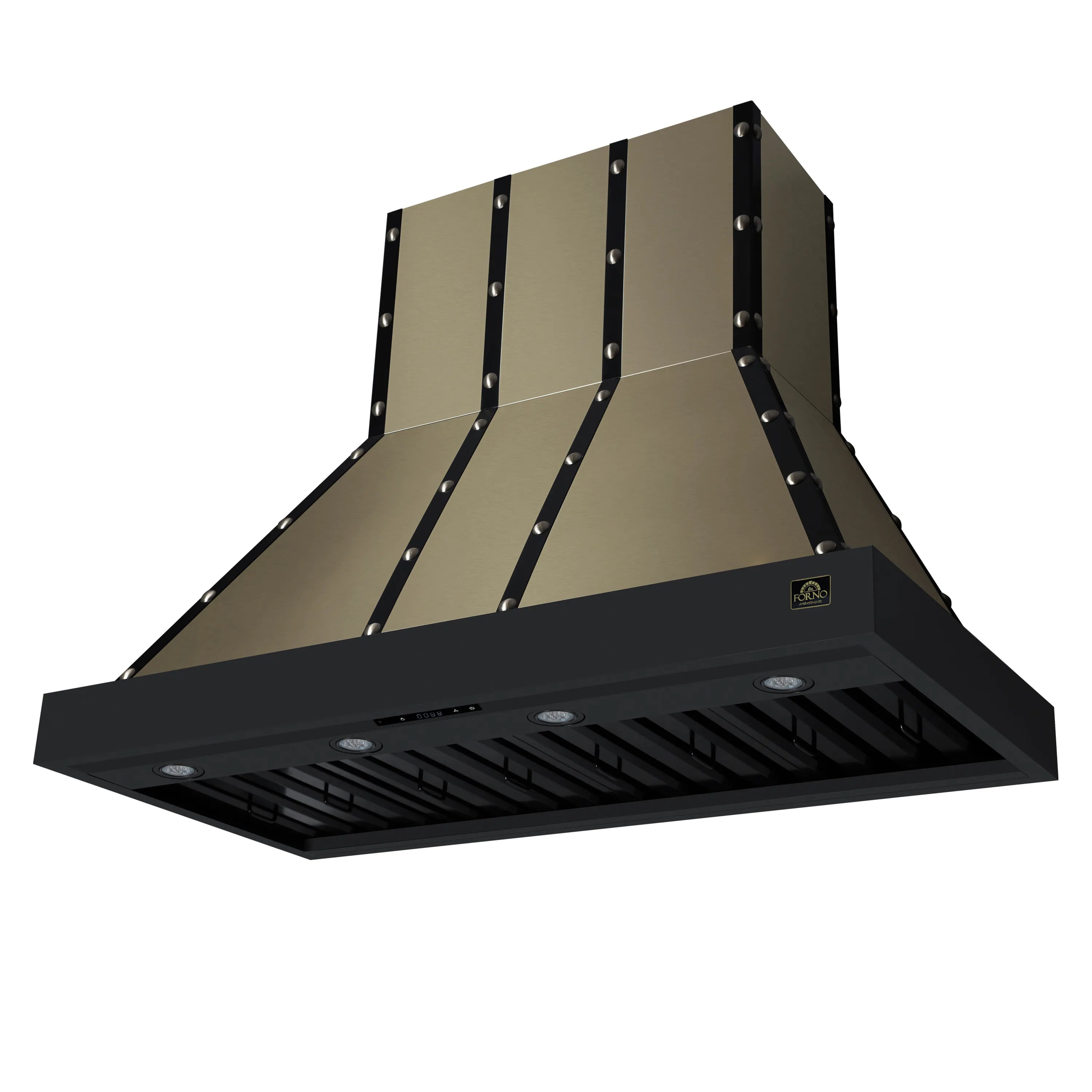 Black range hood with baffle filters and recessed round LED light openings