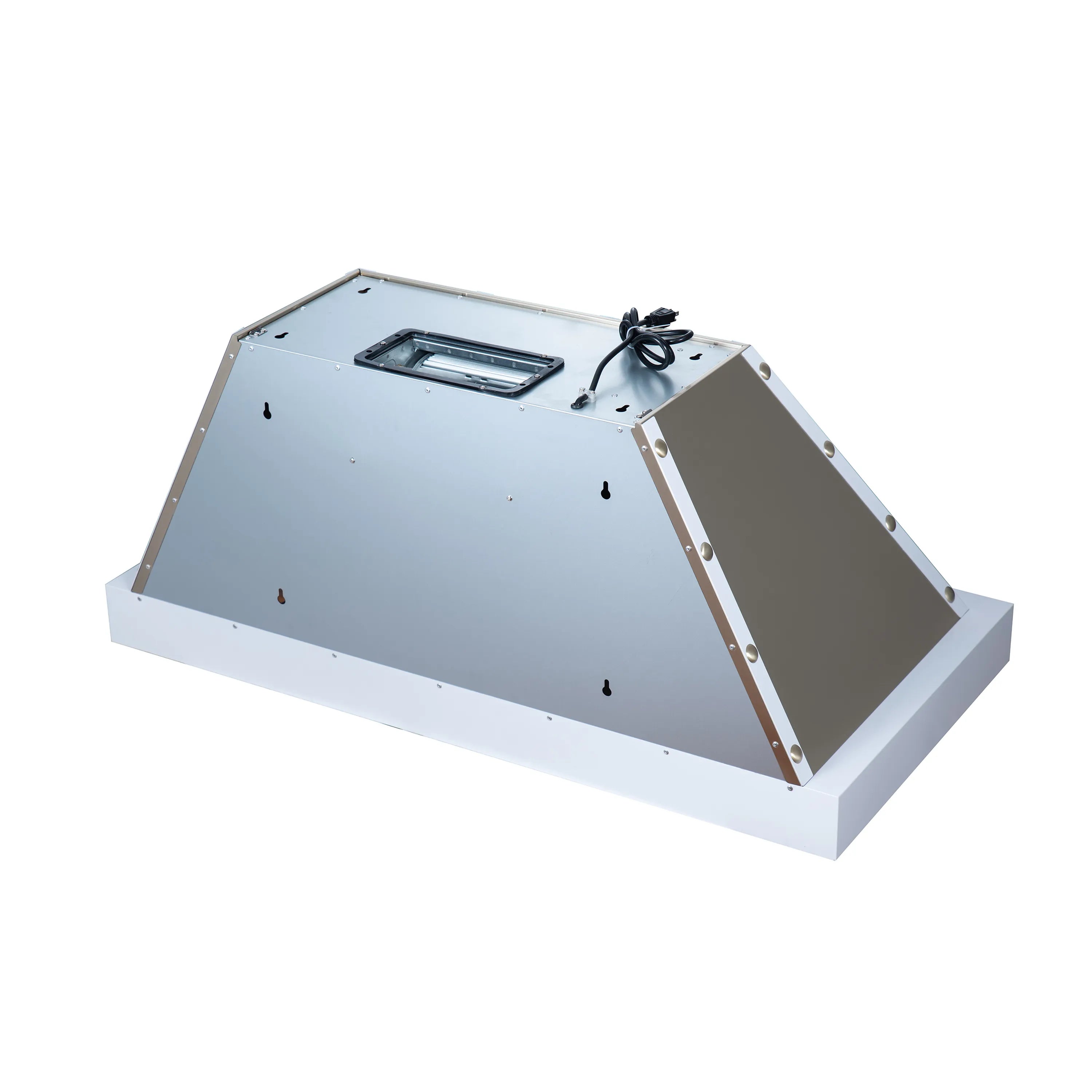 White range hood canister with open access panel and internal components