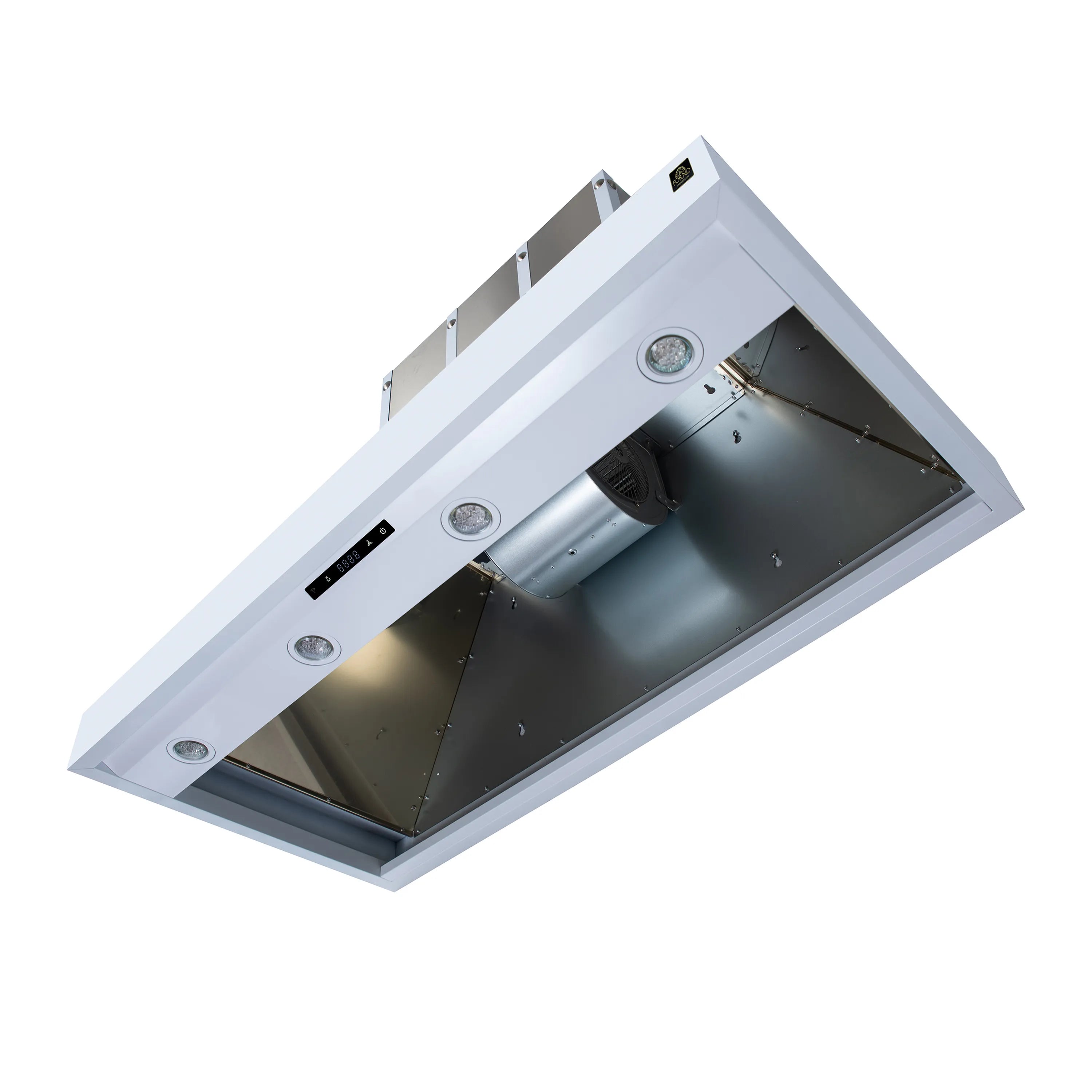 White range hood interior view with fan housing and round light spots