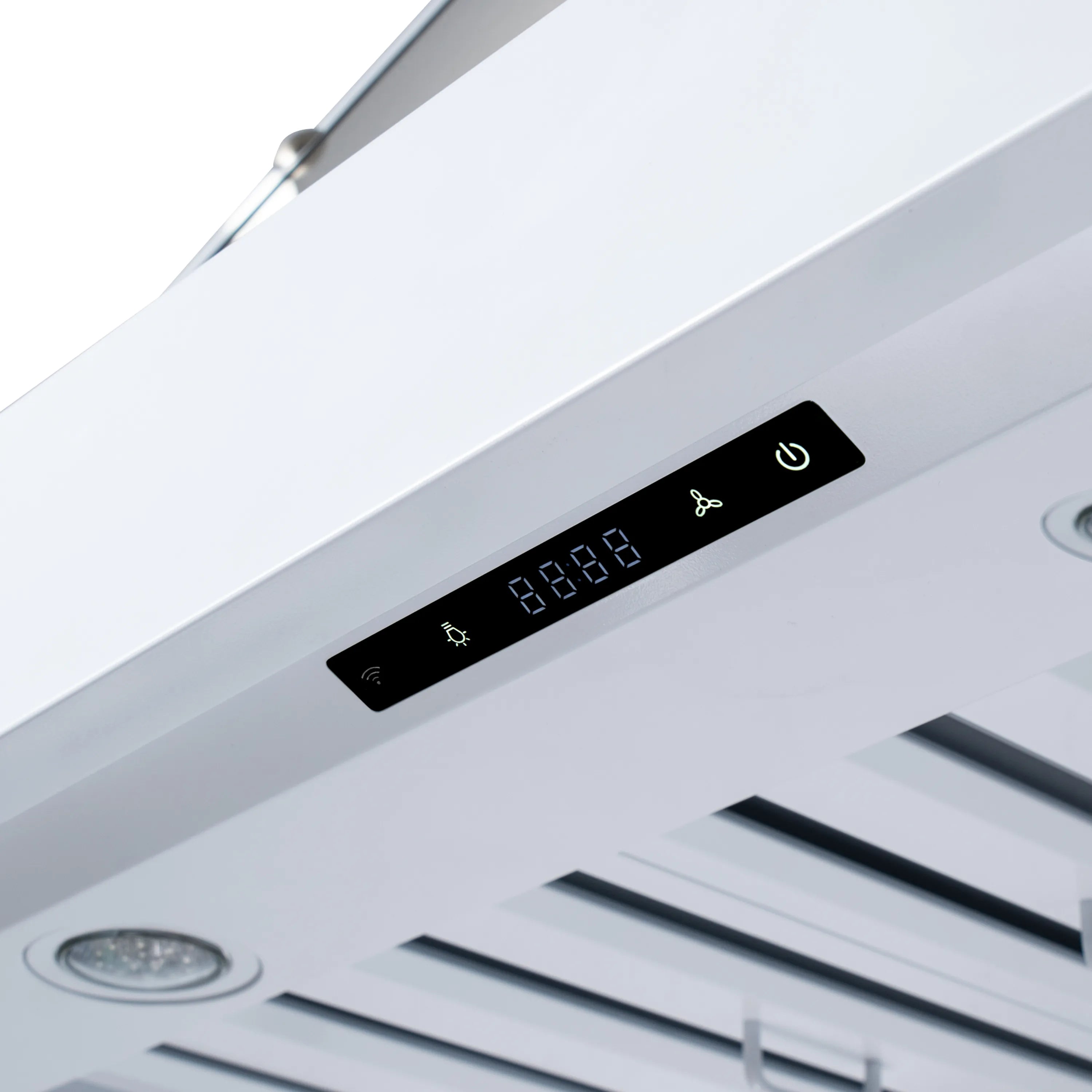 White range hood control panel with digital display and icon buttons