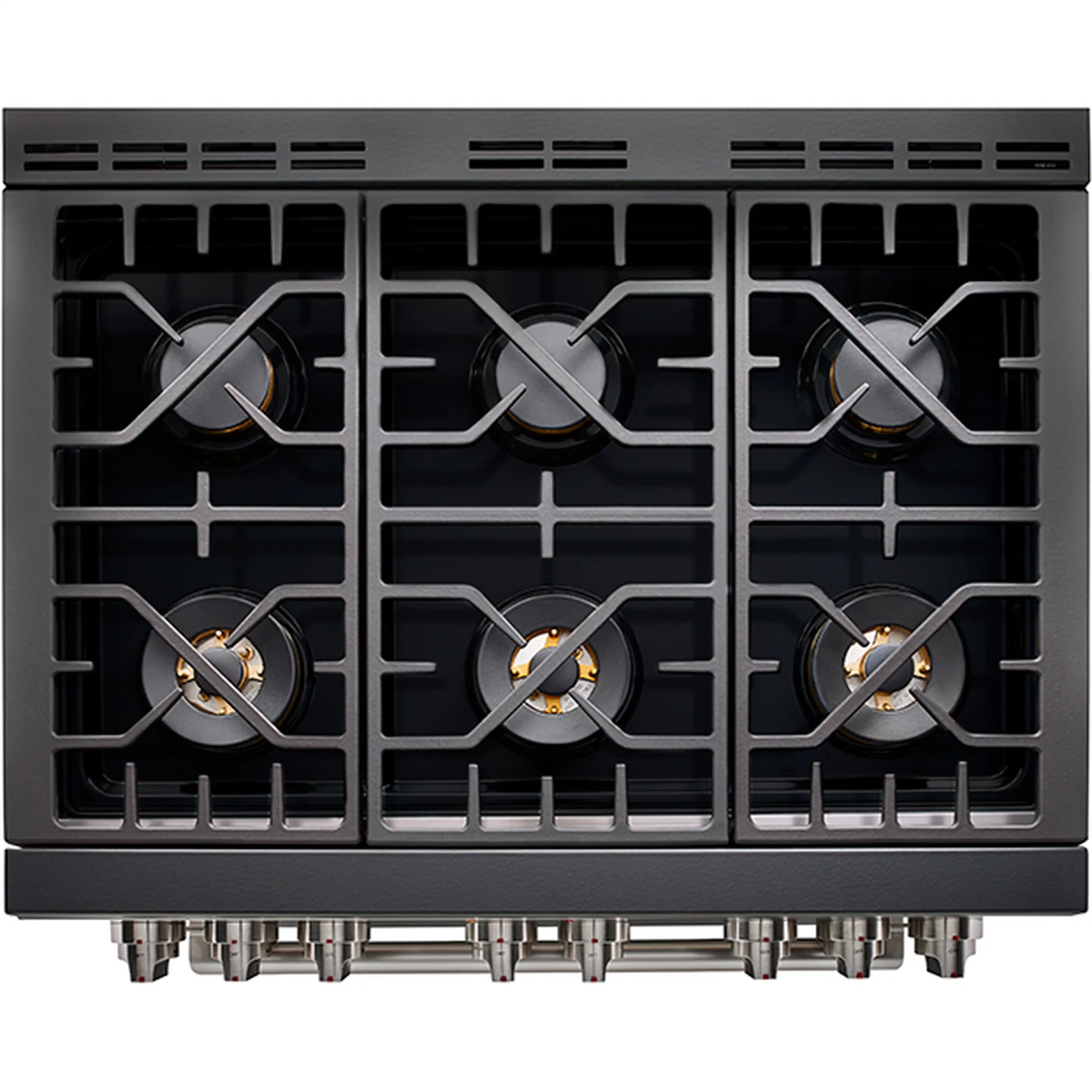 Gas cooktop with six burners and black grates on a stainless steel range