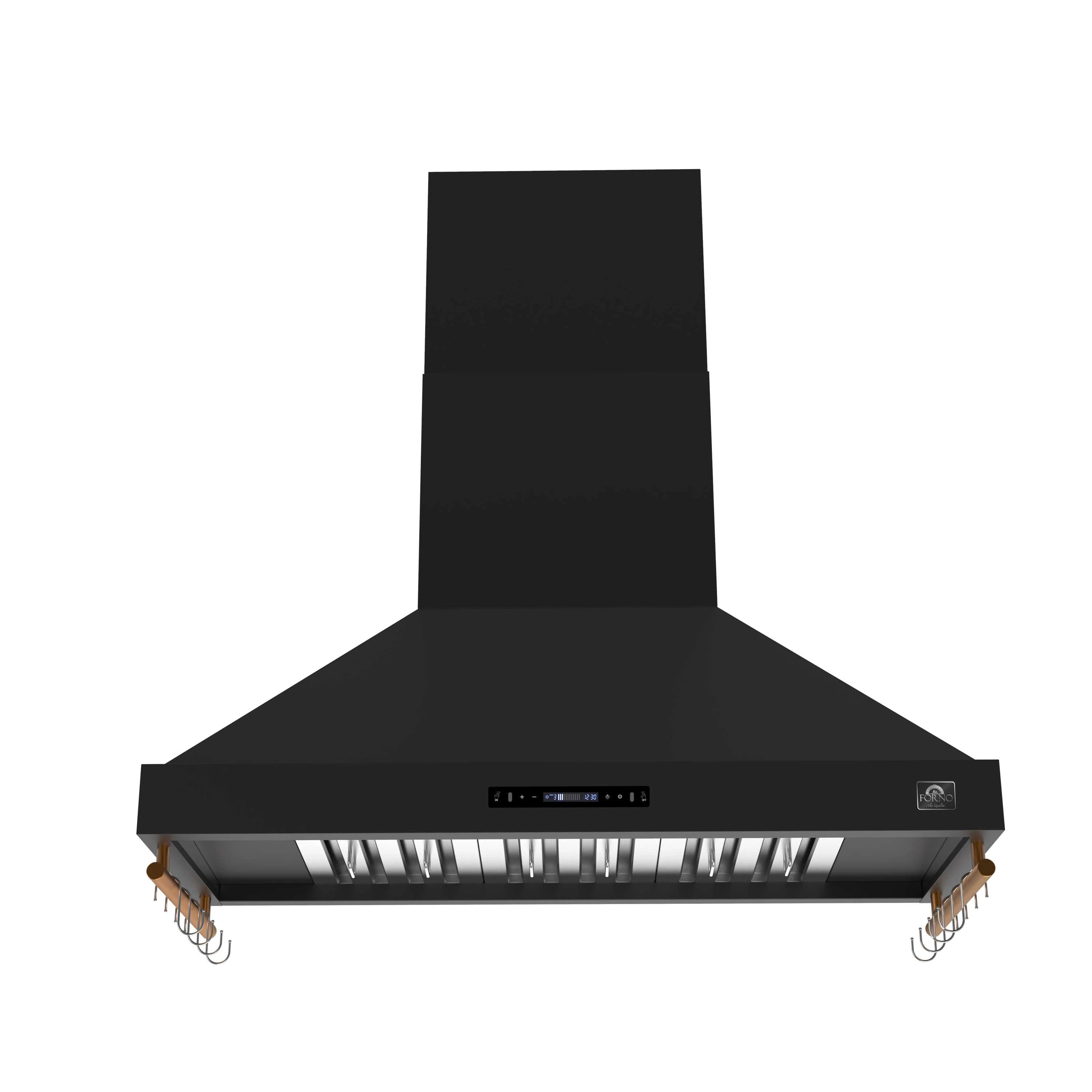 Black wall-mount range hood with touch control panel and baffle filters; brass accents.