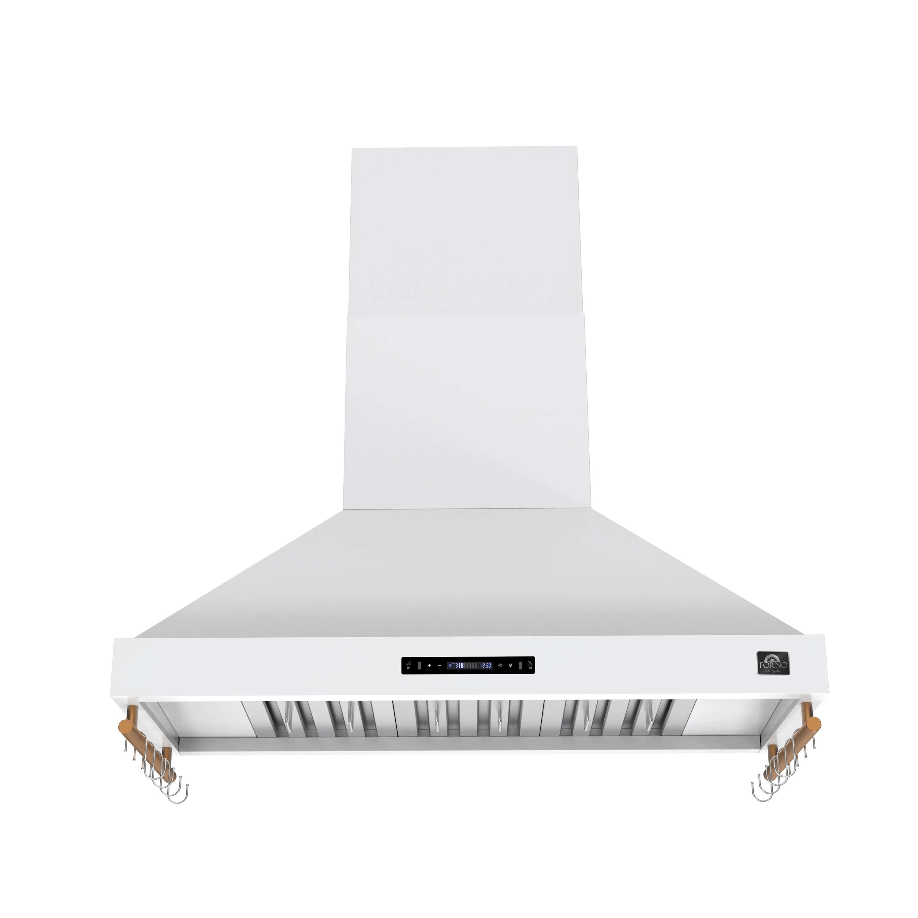 White wall-mounted range hood front view with baffle filters, touch panel, brass hook bar