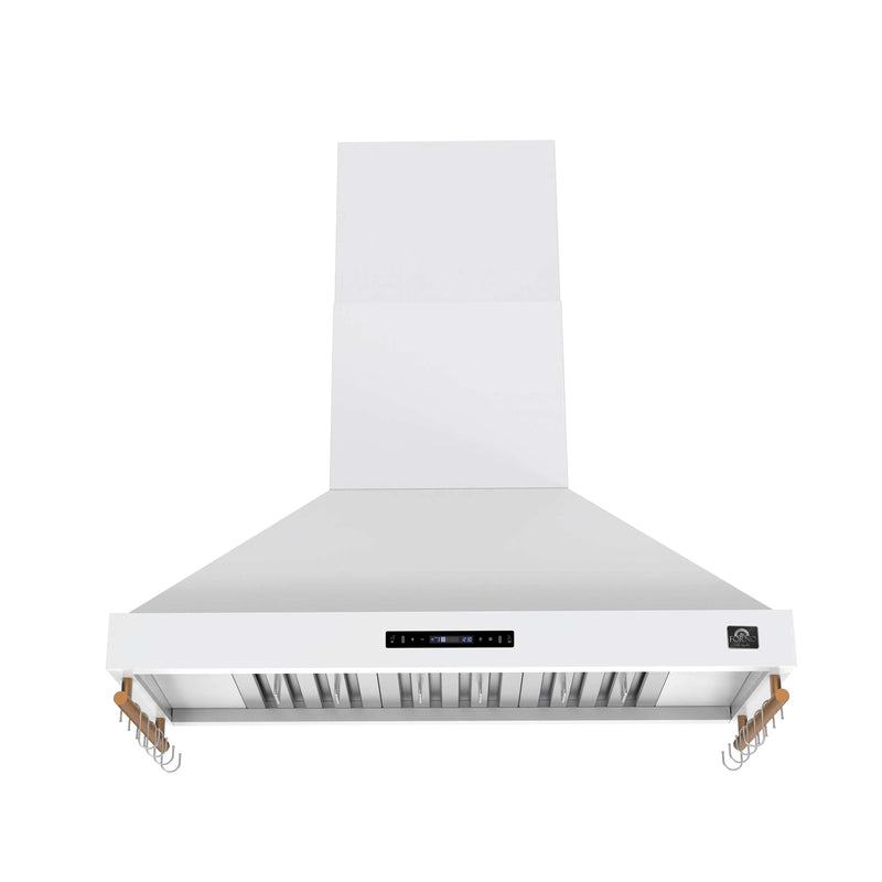 Forno Venezia 48-Inch Wall Mounted Range Hood with Touch Controls and Baffle Filters in White with Antique Brass Handle (FRHWM5503-48WHT)