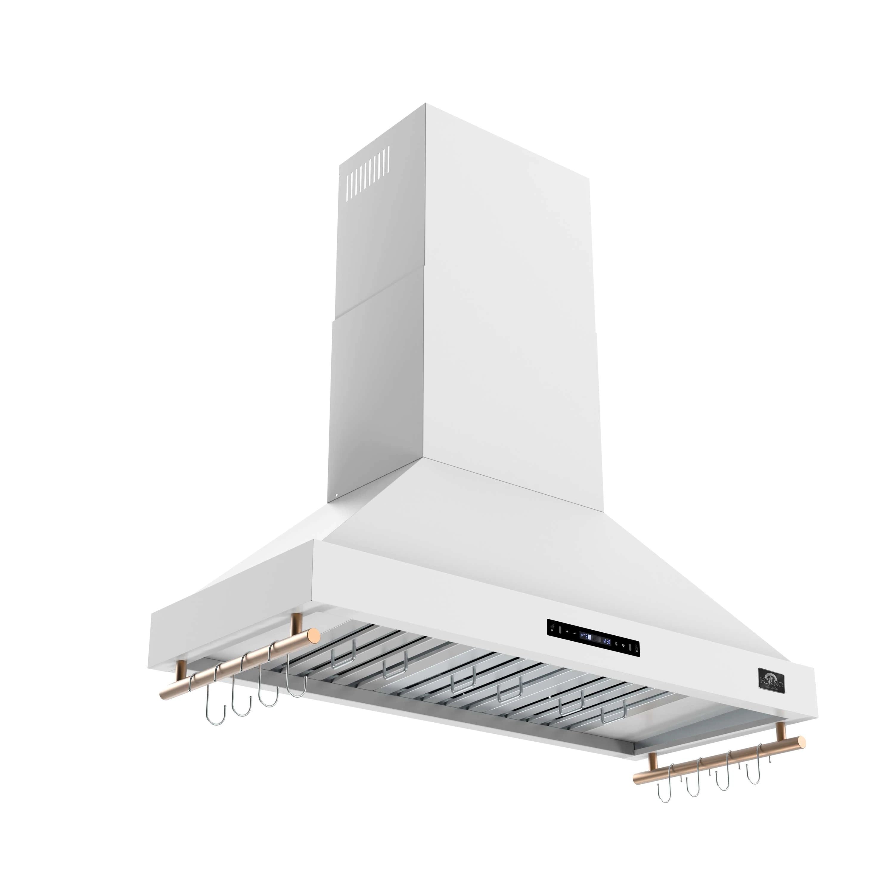White wall-mounted range hood with baffle filters, touch control panel, antique brass accents