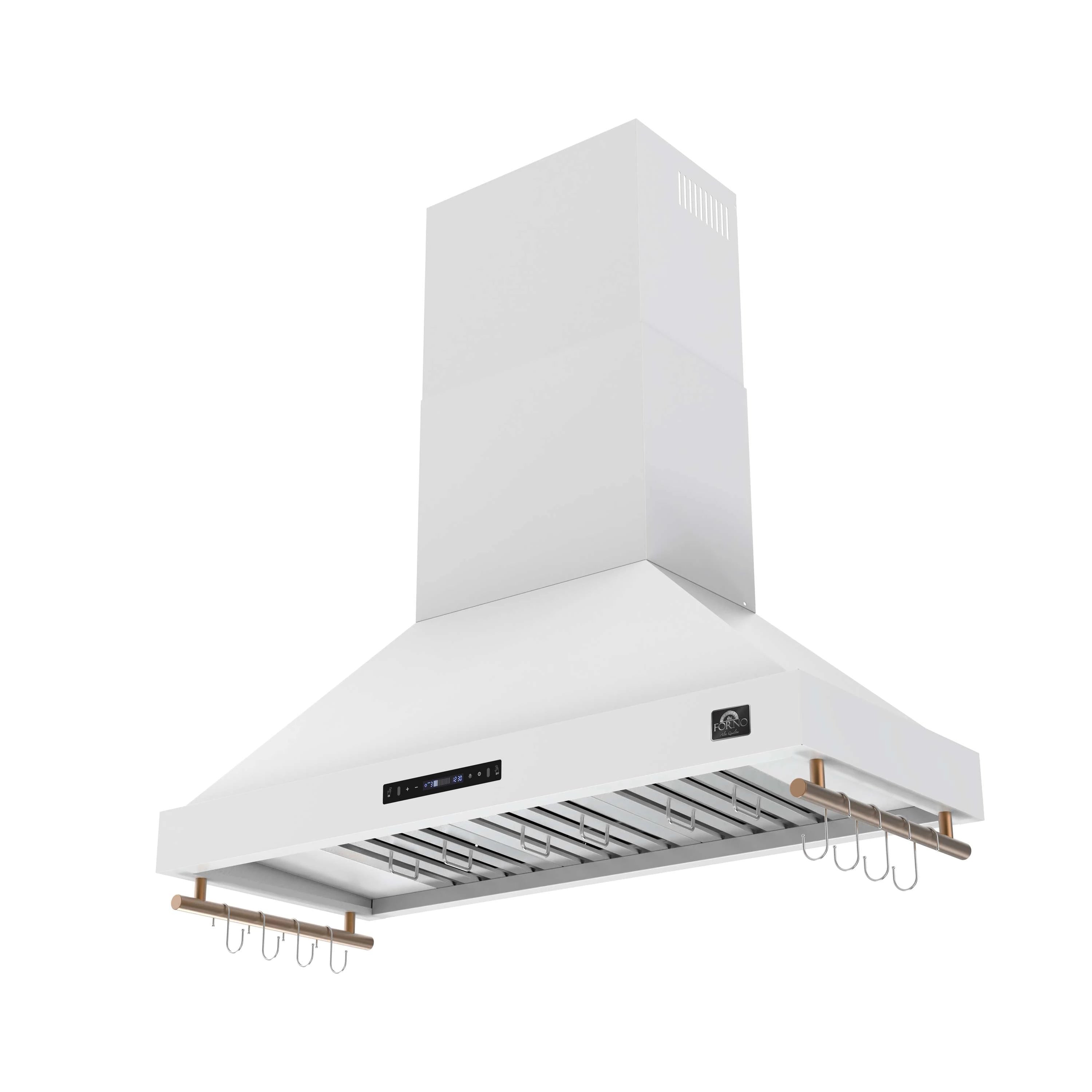 White wall-mounted range hood showing baffle filters and touch panel, brass handle rail