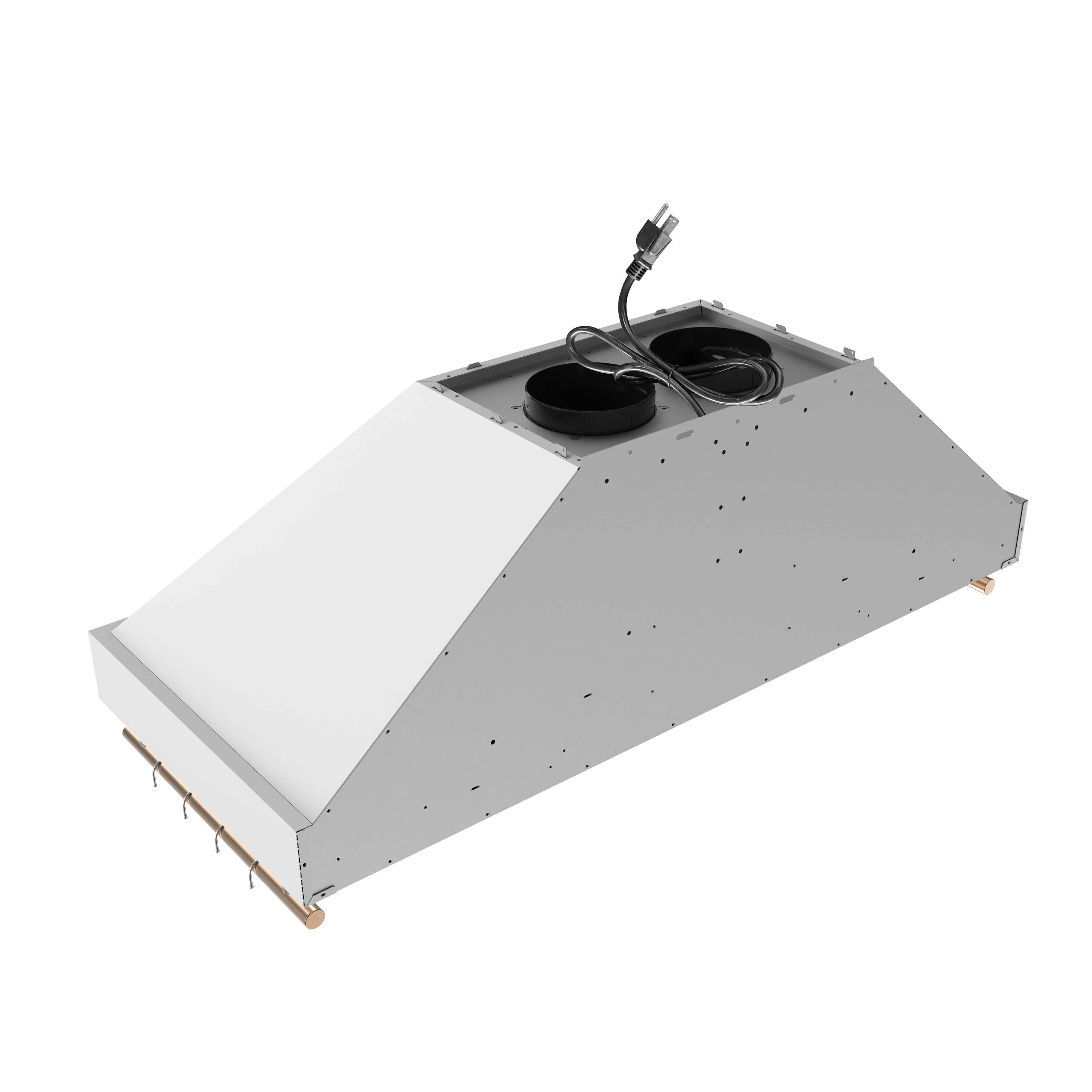 White range hood base with two black fan motors and exposed interior wiring