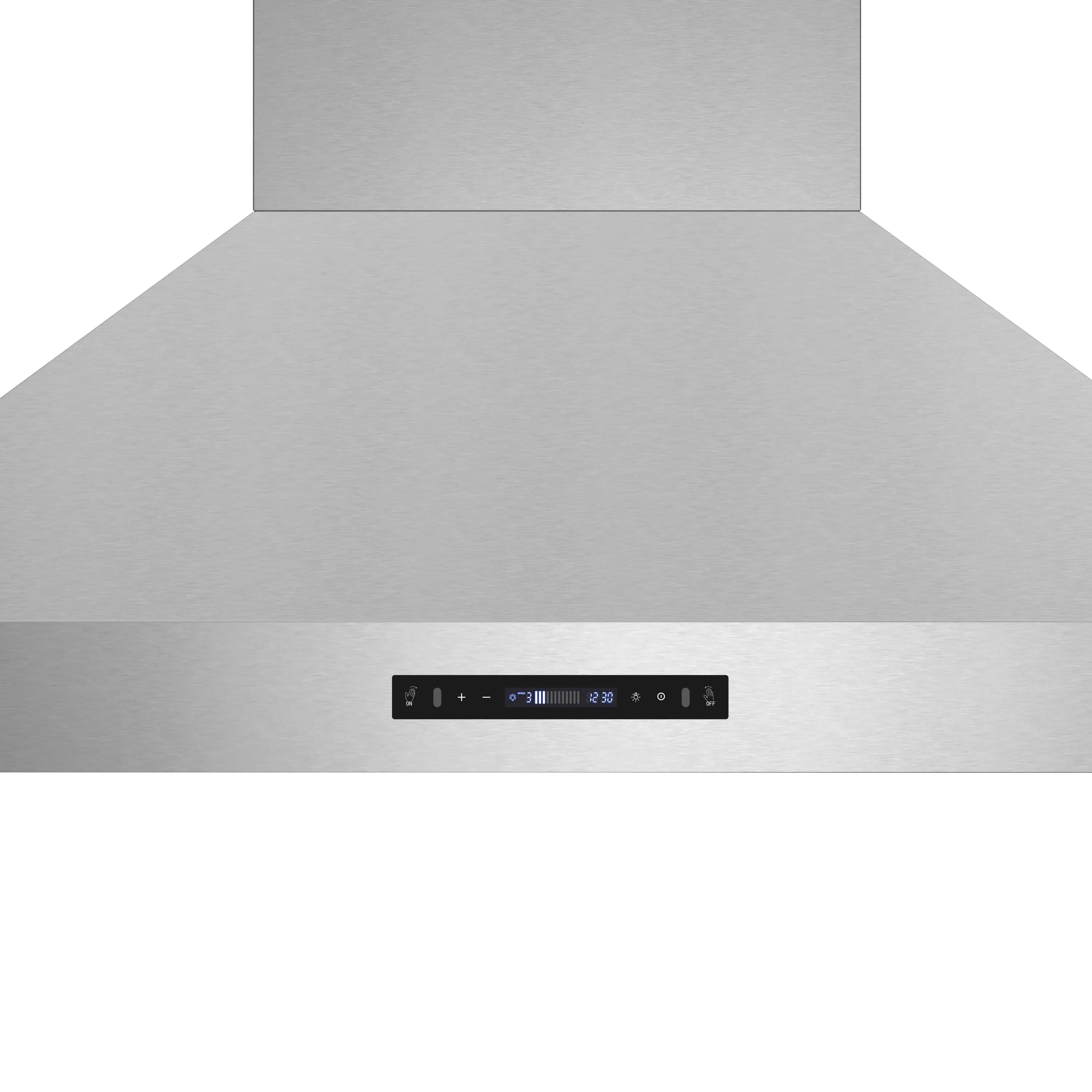 Stainless steel range hood front with black touch control strip and indicator icons