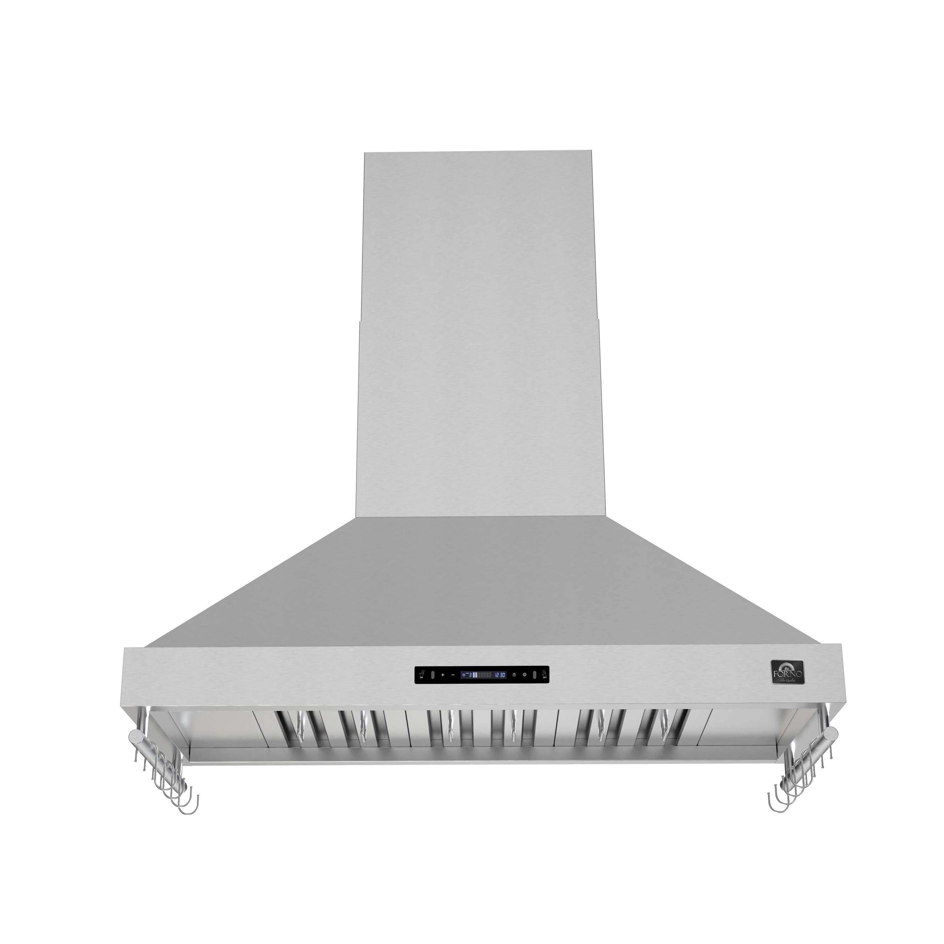 Stainless steel wall-mounted range hood with chimney stack, touch controls, and filters