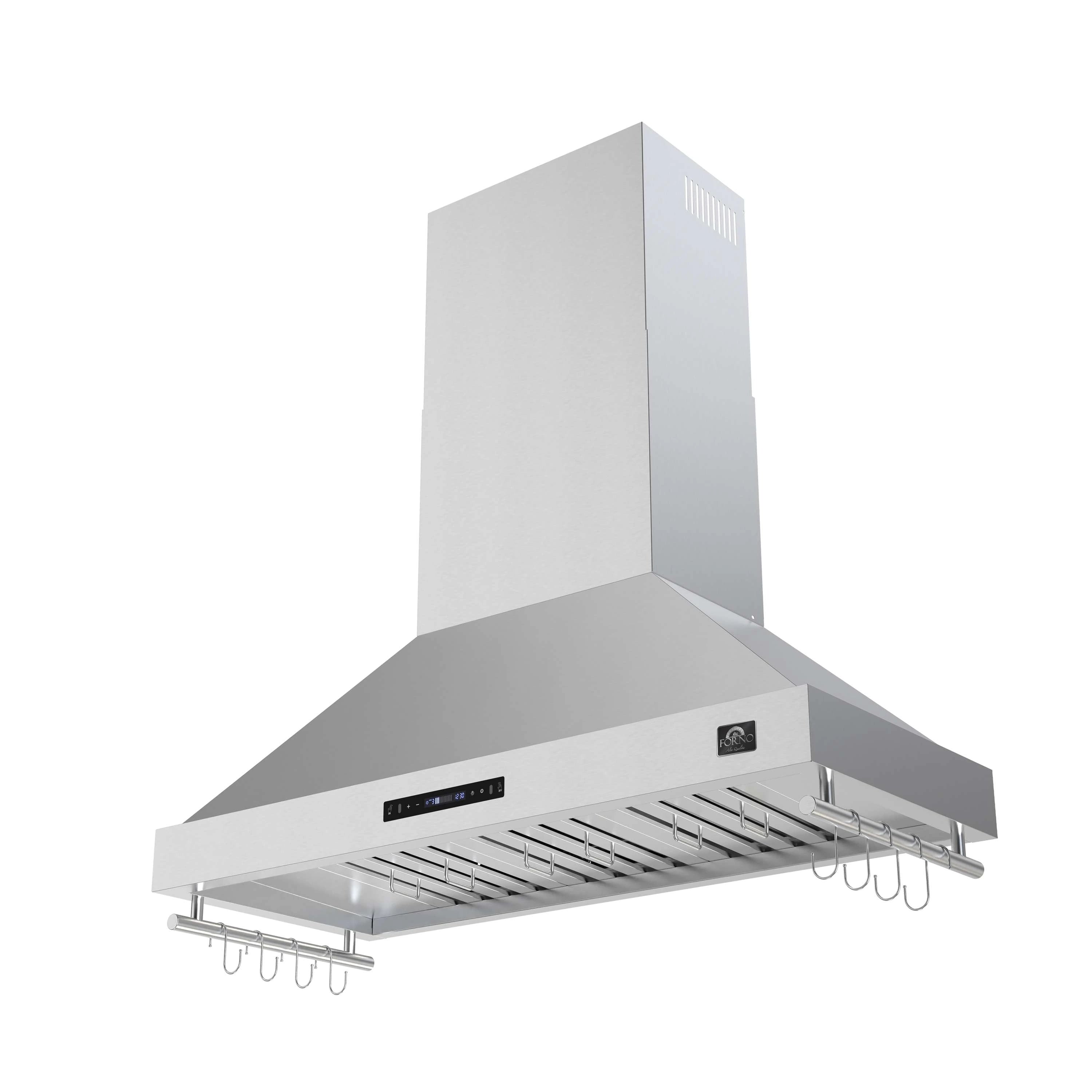 Stainless steel wall-mounted range hood with touch controls and extended vent canopy