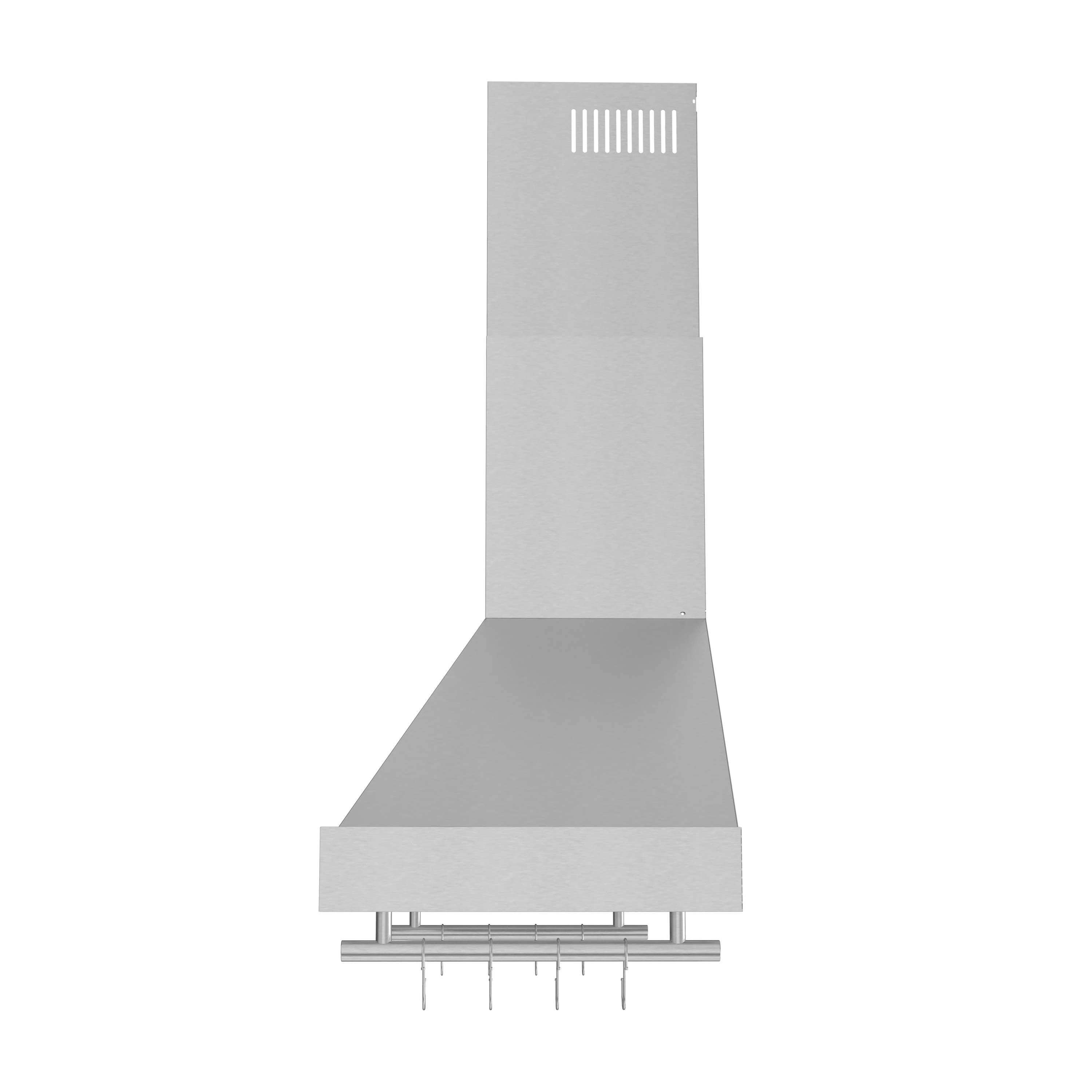 Wall-mounted range hood with stainless chimney stack and sloped stainless canopy