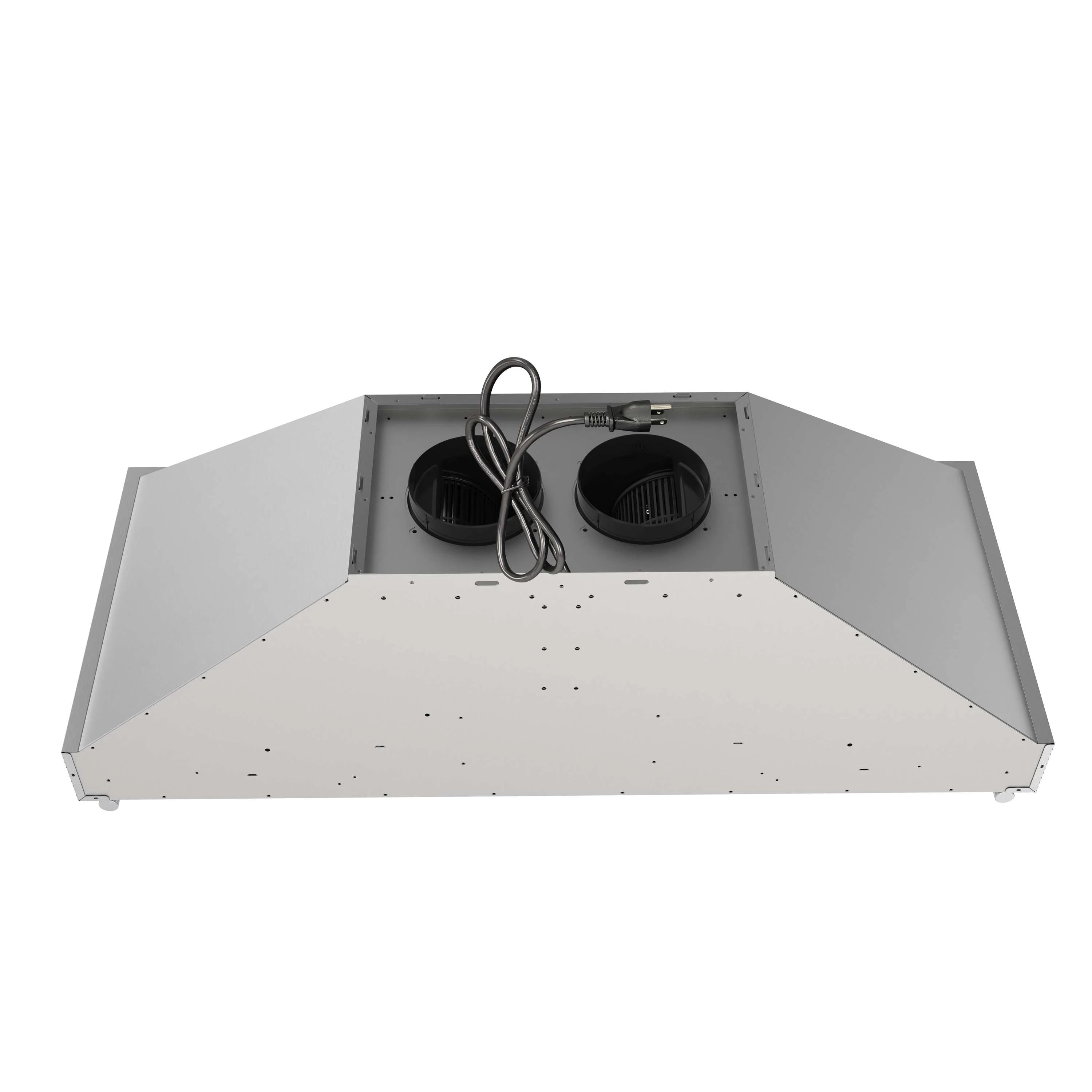 Stainless steel wall hood interior with dual round fans and mounting housing