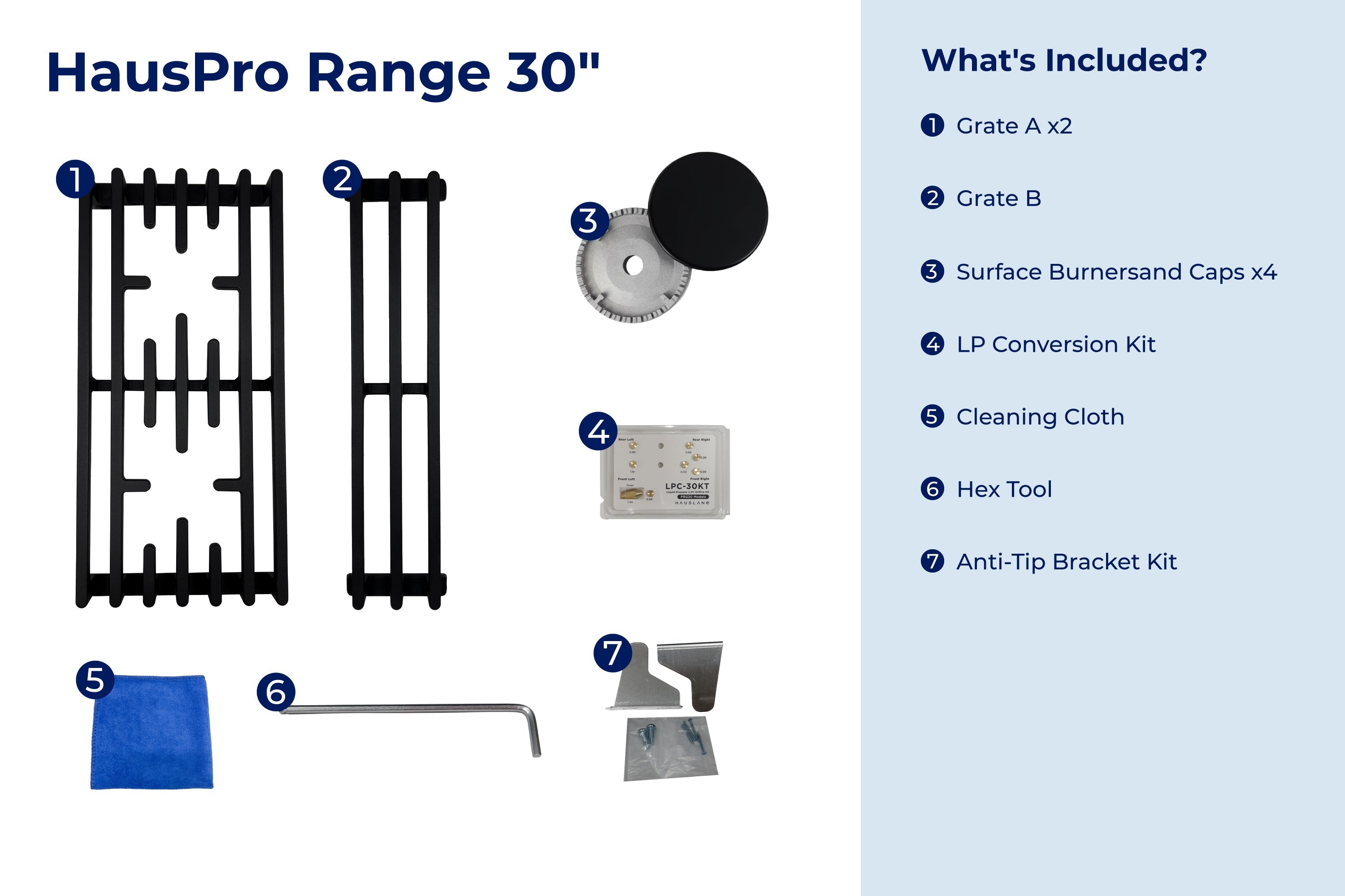30-inch range parts and accessories diagram: grates, burner caps, conversion kit, tools