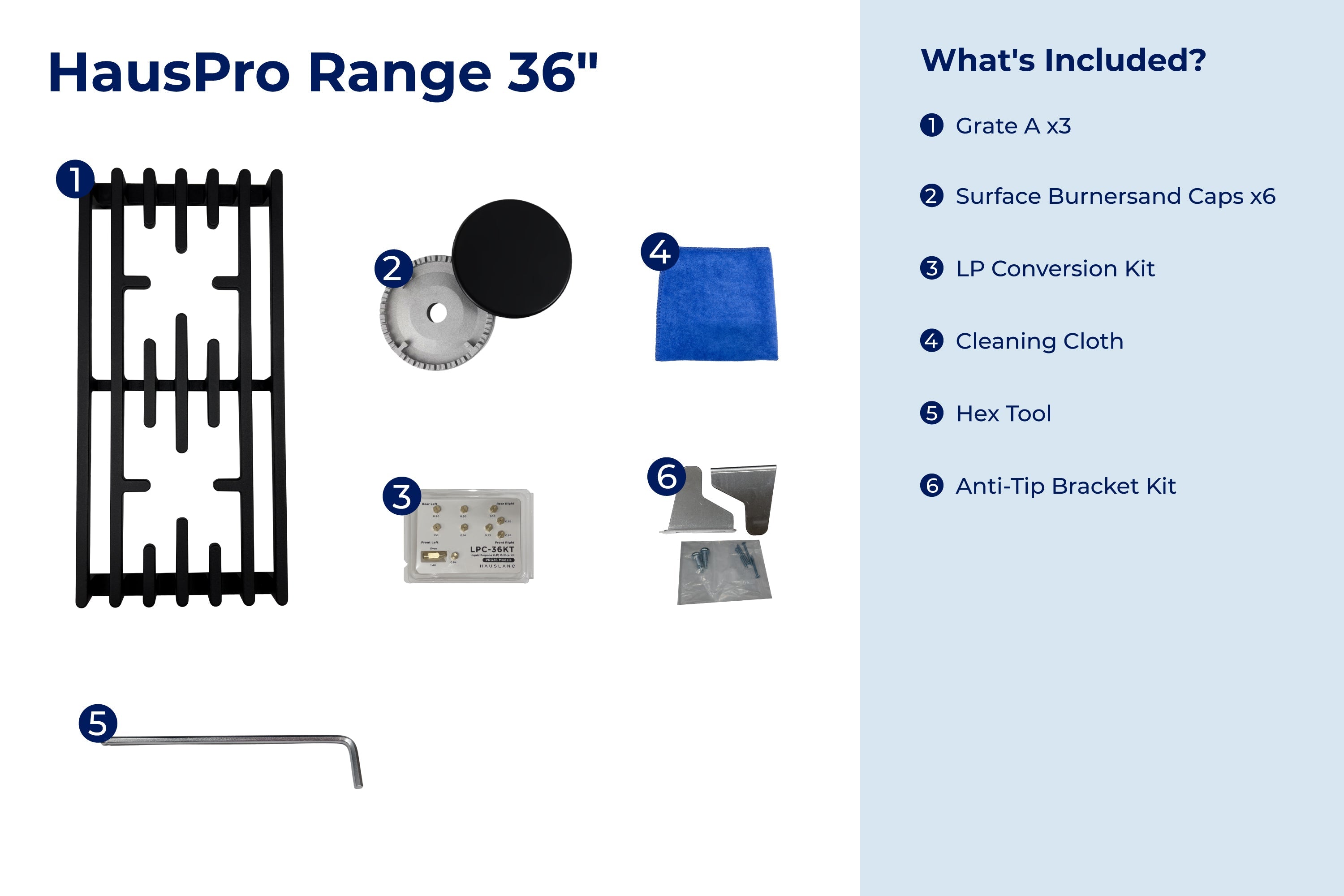 Gas range parts and accessories layout: grates, burner caps, conversion kit, and tools