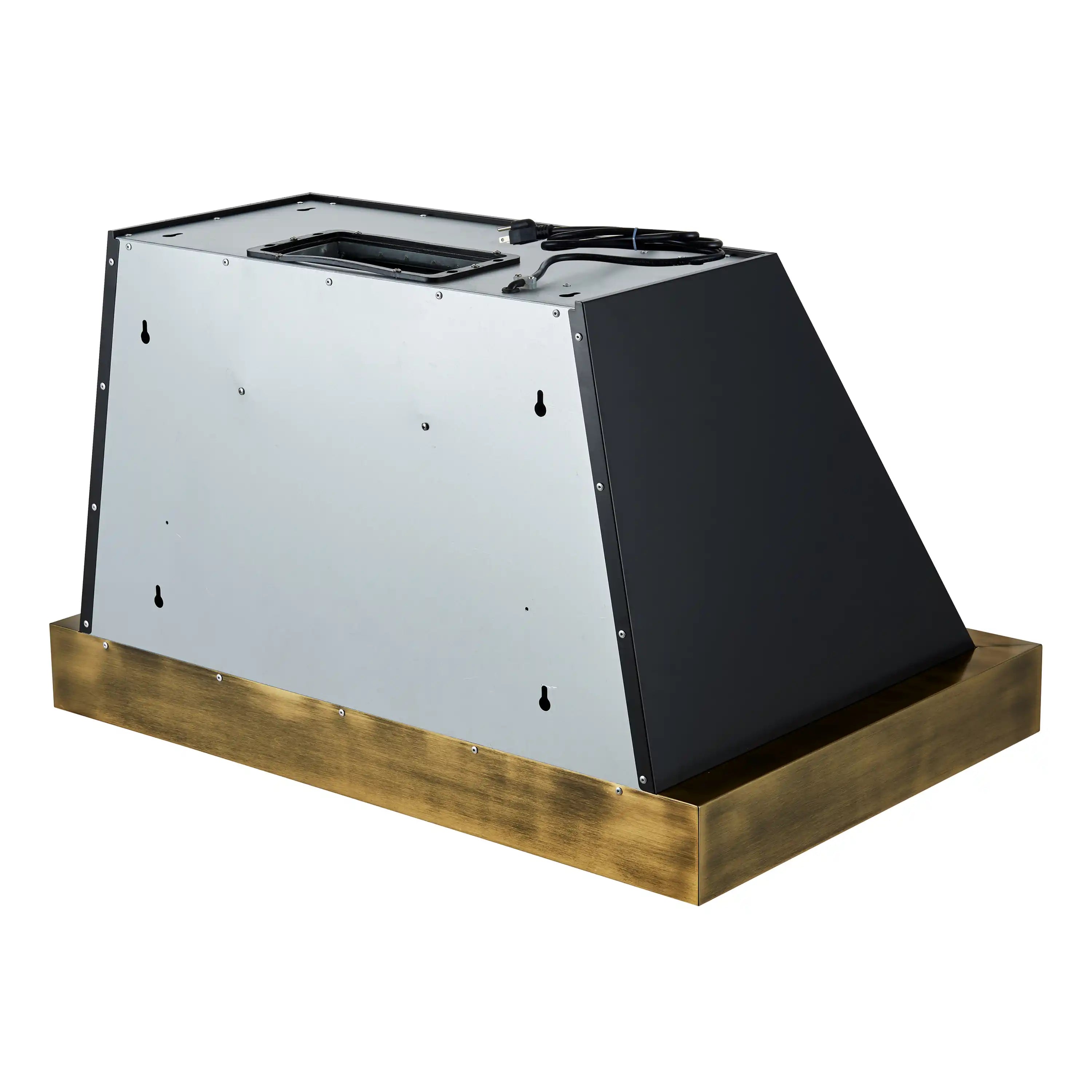Black range hood with brass-trimmed mounting frame and open vent housing