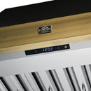 Forno Galiano 4-Piece Appliance Package - 36-Inch Gas Range, 36-Inch Hood, 36-Inch Refrigerator, & 24-Inch Dishwasher in Black with Antique Brass Trim