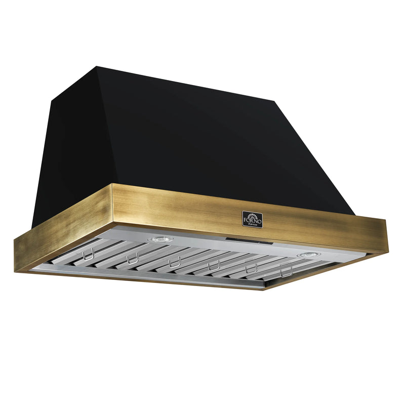 Forno Vittorio 48-Inch 600 CFM Wall Mount Range Hood in Black with Antique Brass Trim (FRHWM5078-36BLK)