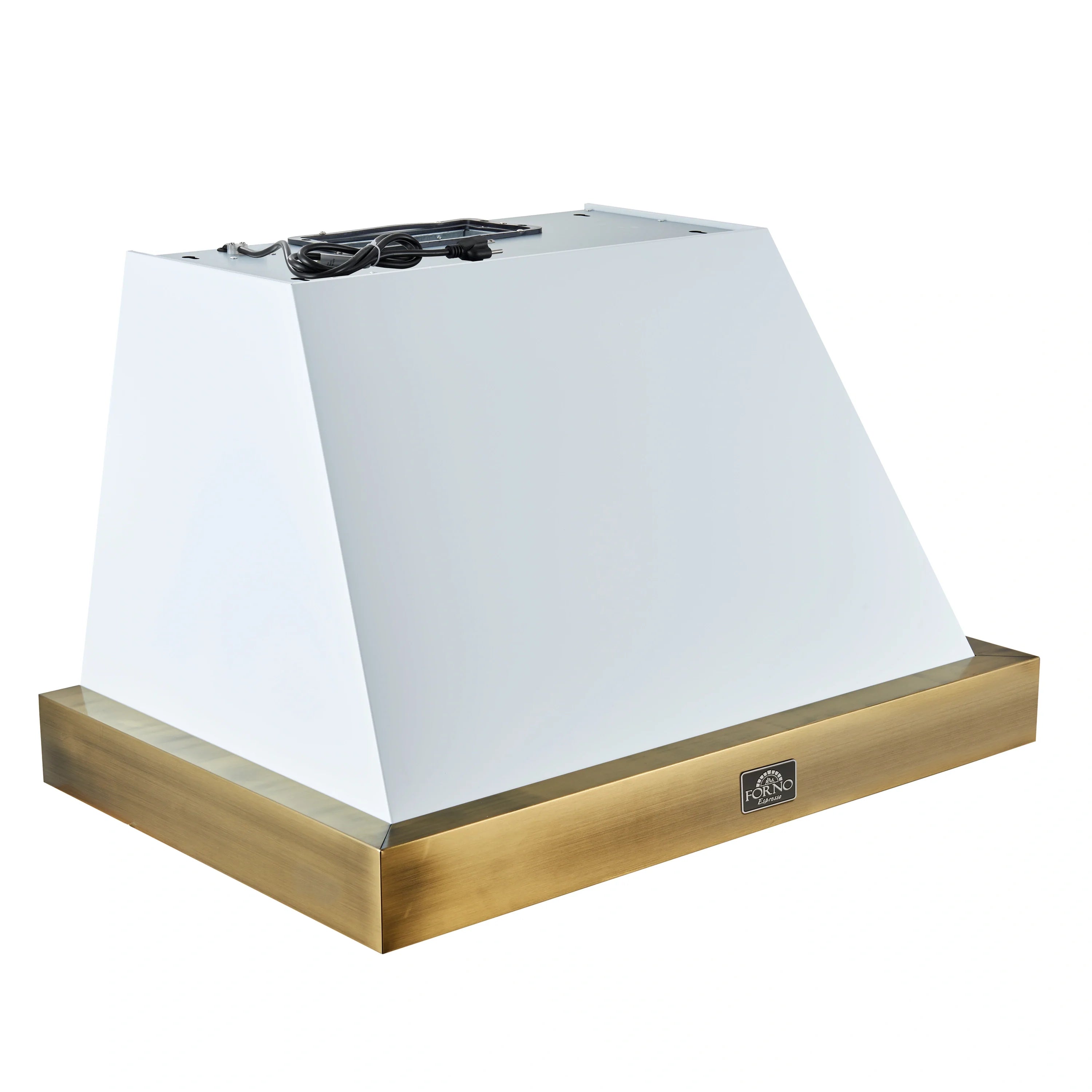 White range hood underside with antique brass mounting frame and black top vent