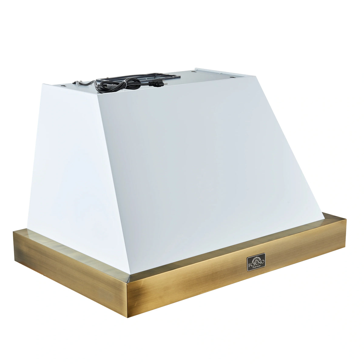 Wall mount range hood top section with white chimney and antique brass base