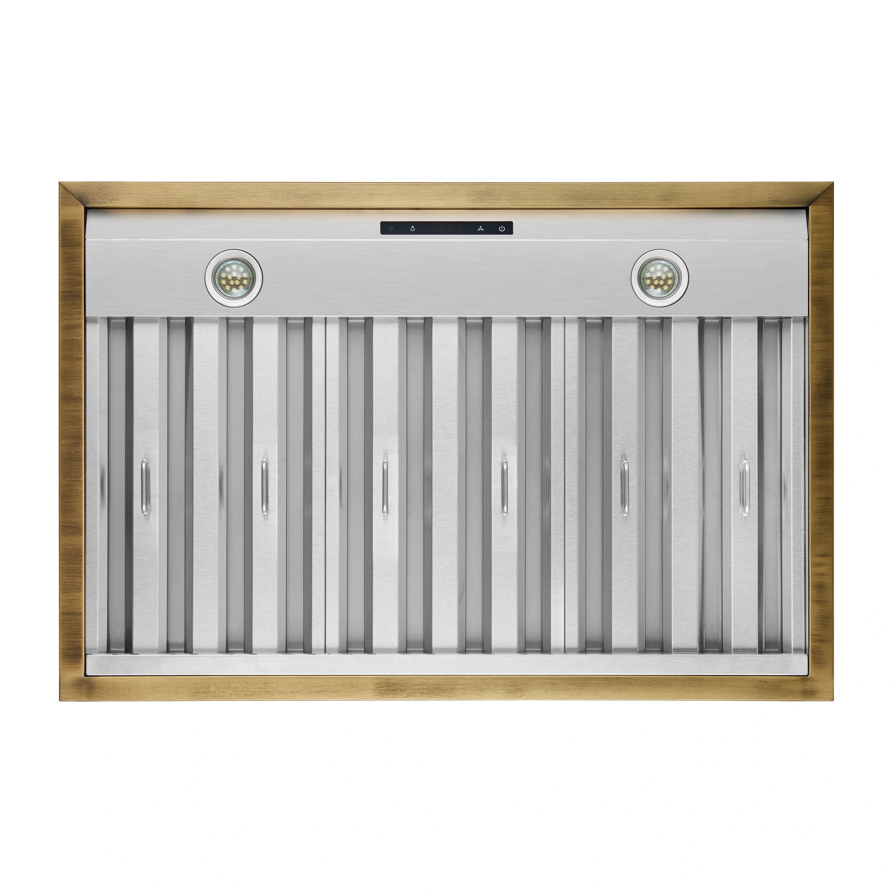White range hood with antique brass frame and vented grill panels