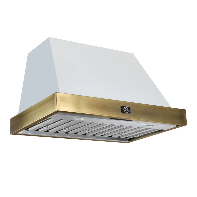 Forno Vittorio 36-Inch 600 CFM Wall Mount Range Hood in White with Antique Brass Trim (FRHWM5078-36WHT)