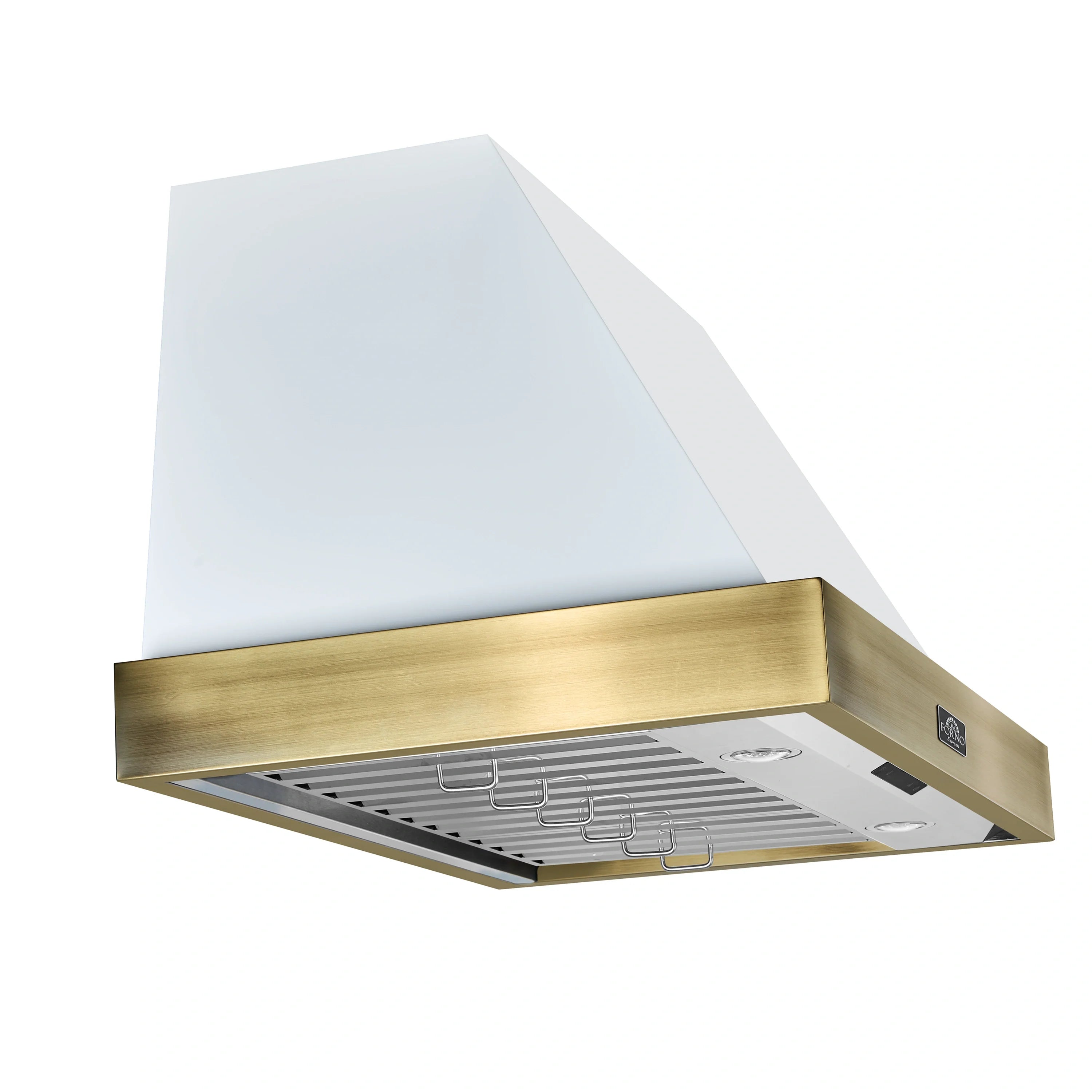 Range hood with white canopy, antique brass trim, and visible vented grill