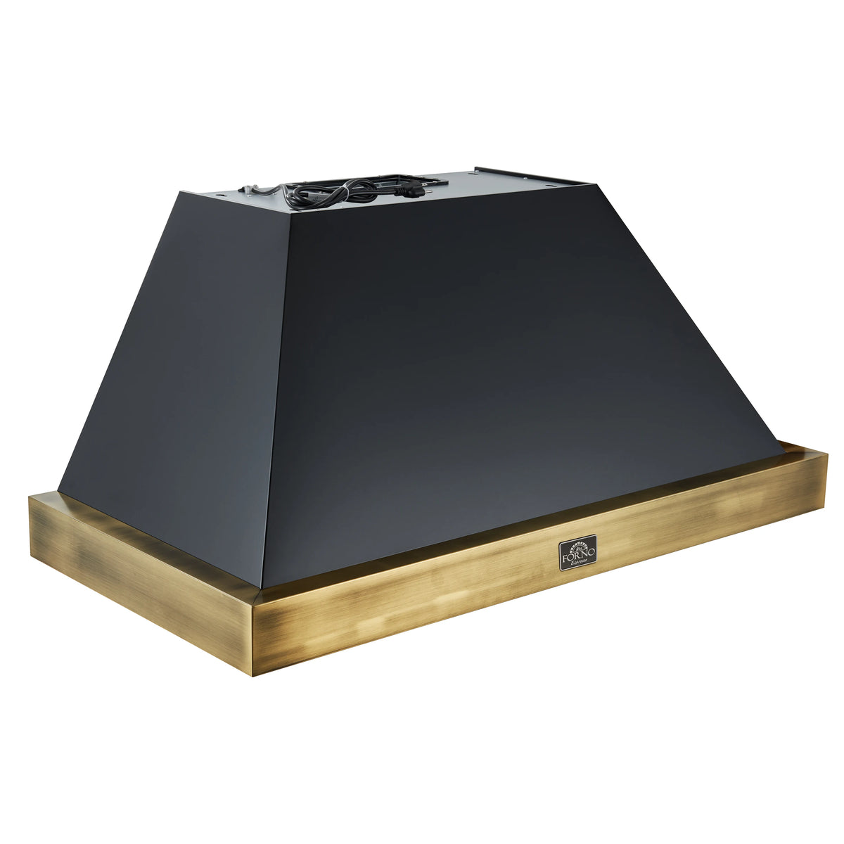 Black range hood canopy with antique brass base trim and small wiring on top surface.