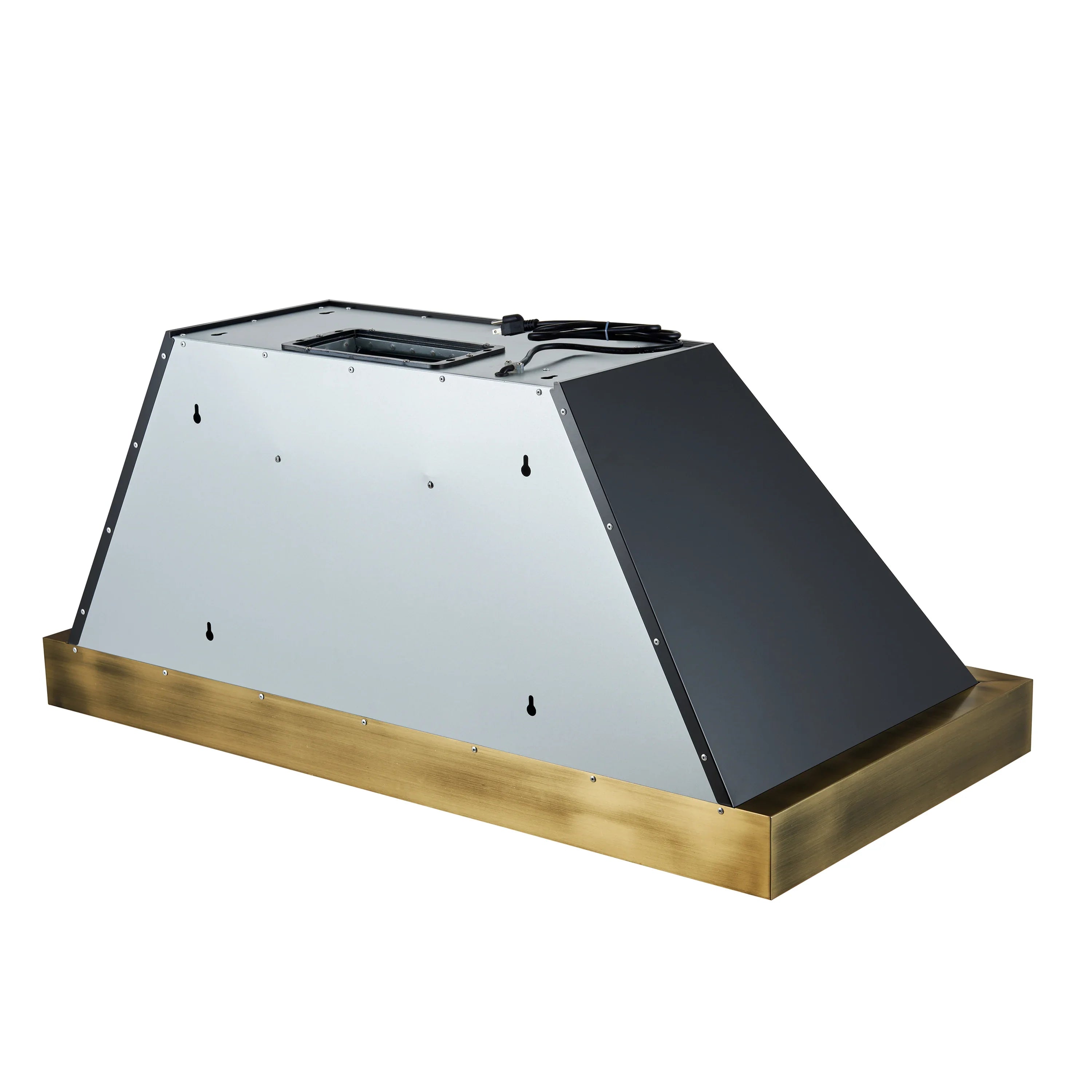 Black range hood canopy with antique brass trim and angled exterior panels