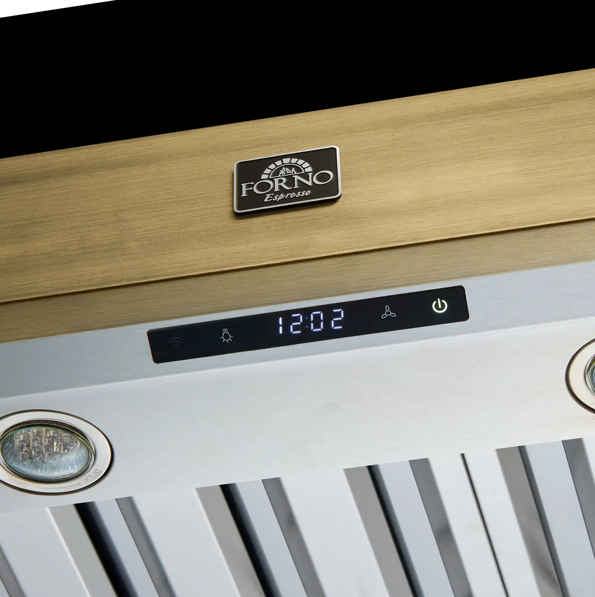 Range hood control panel with digital display and touch buttons on black surface