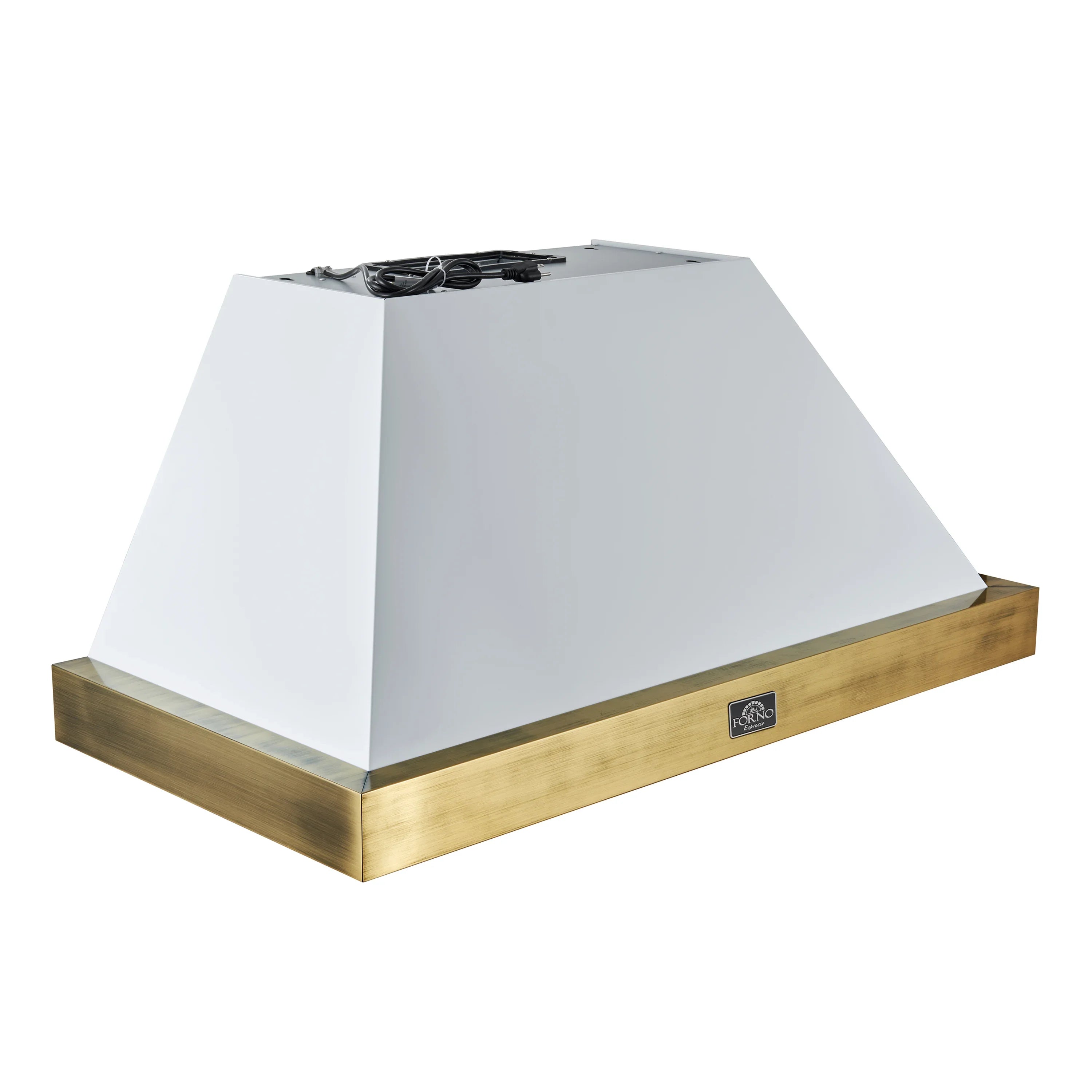 Range hood in white with antique brass base trim