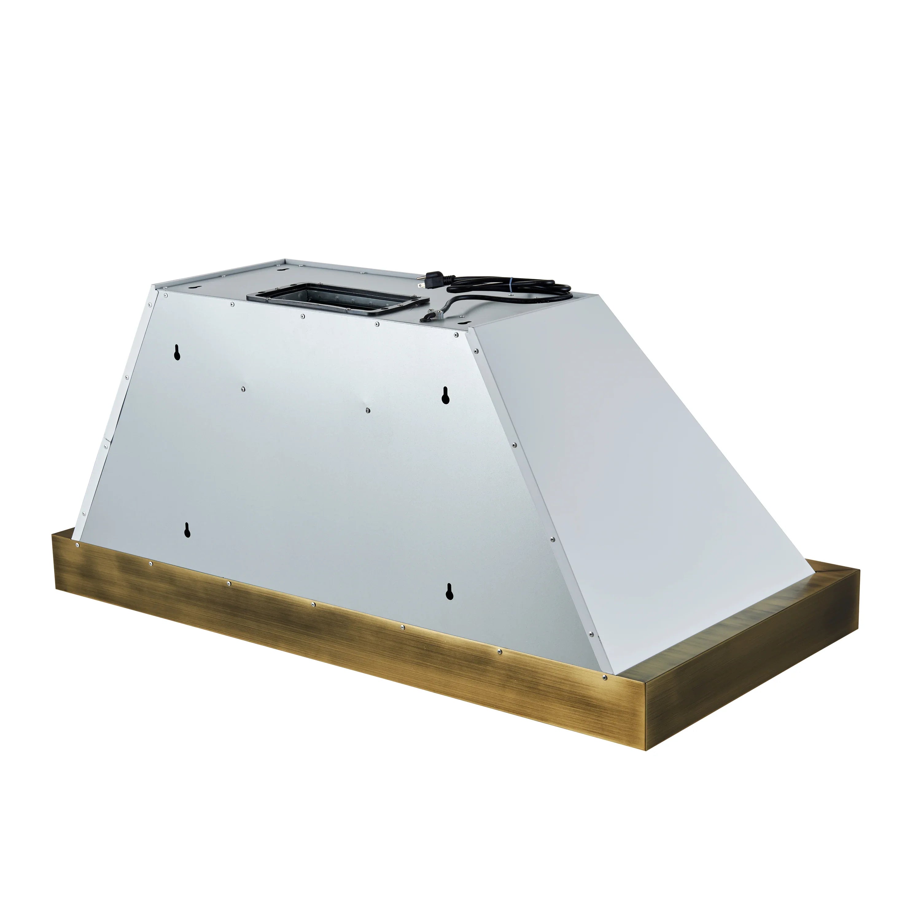White range hood vent with black blower opening and antique brass trim edge