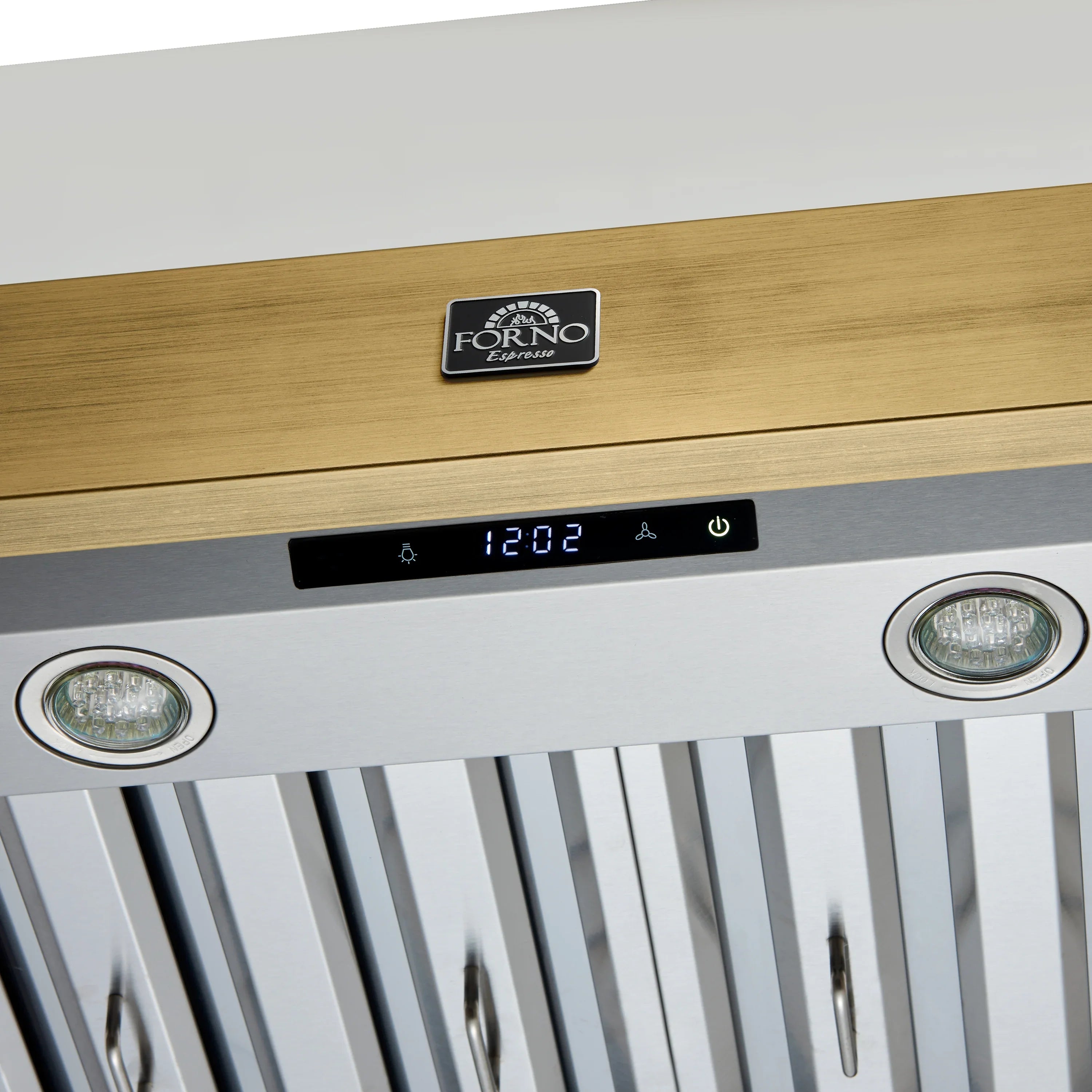Range hood control panel with digital display and knobs, with antique brass trim.