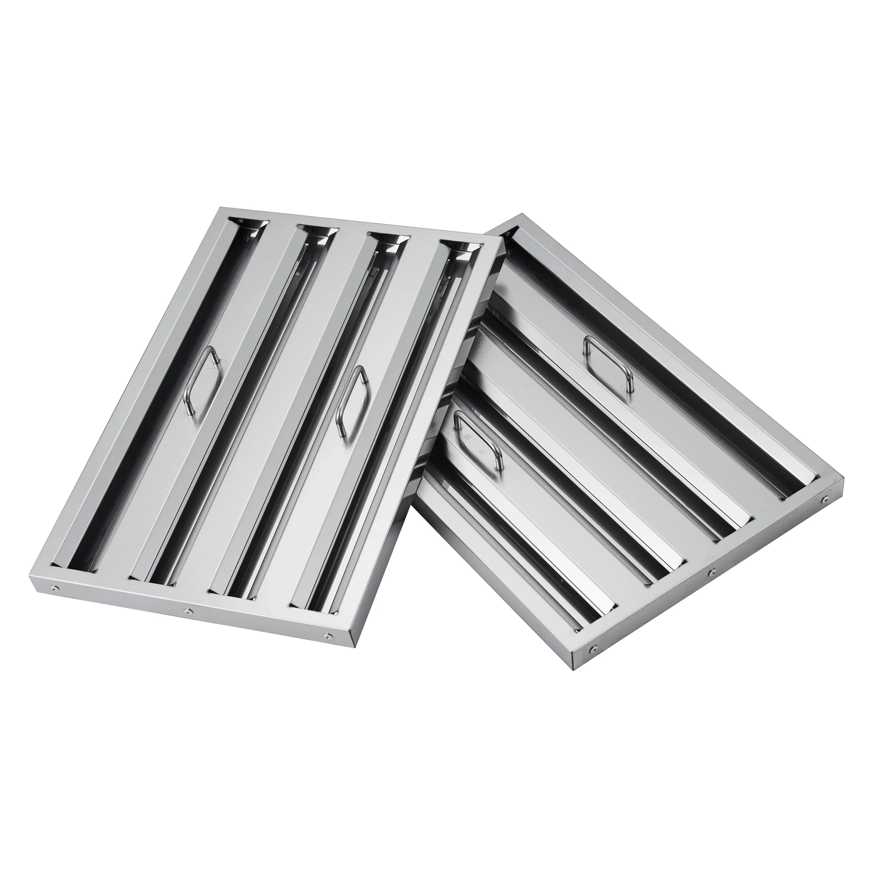 Range hood baffle filter assembly with hinged metal slats in white housing