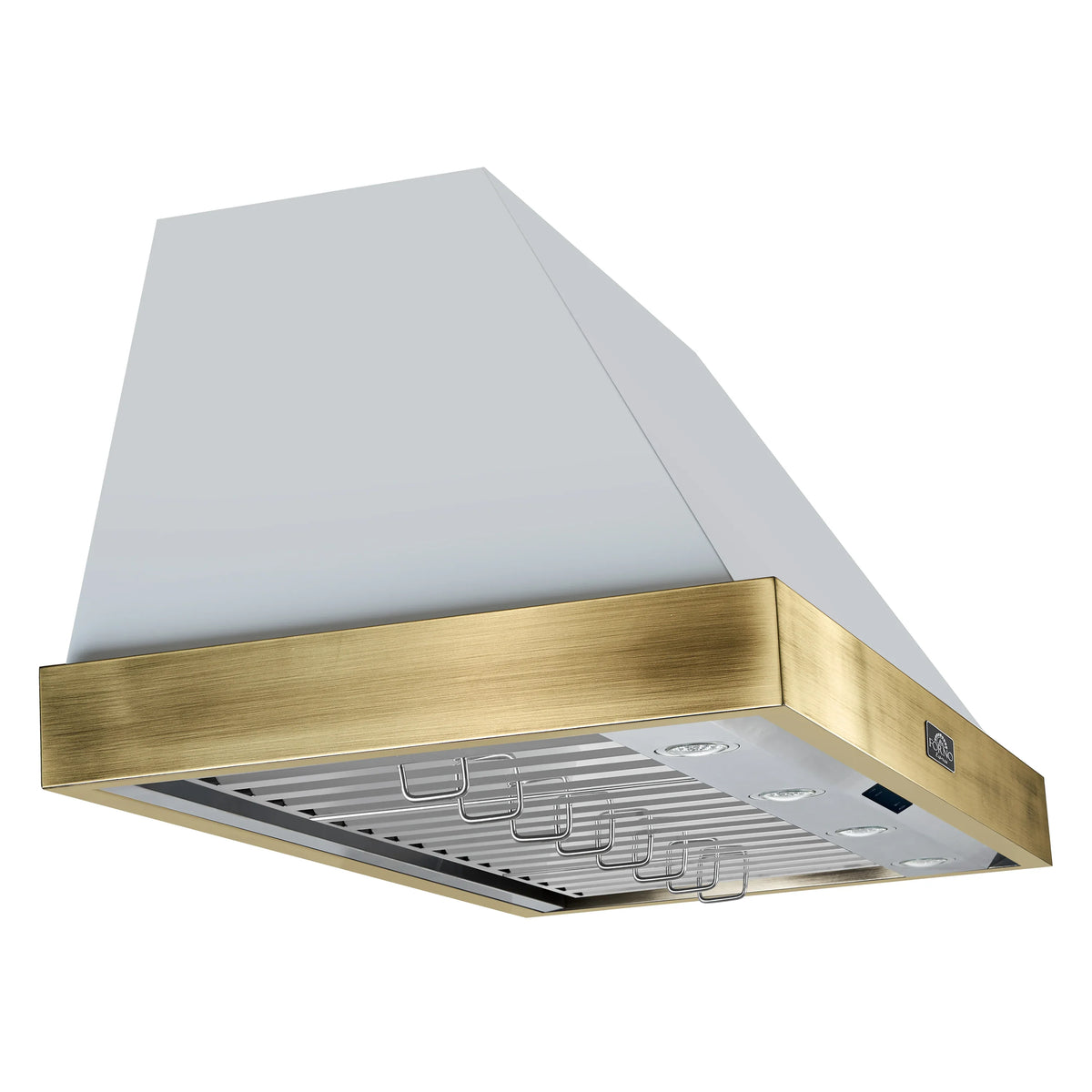 Wall range hood with gray metal filters and antique brass front frame