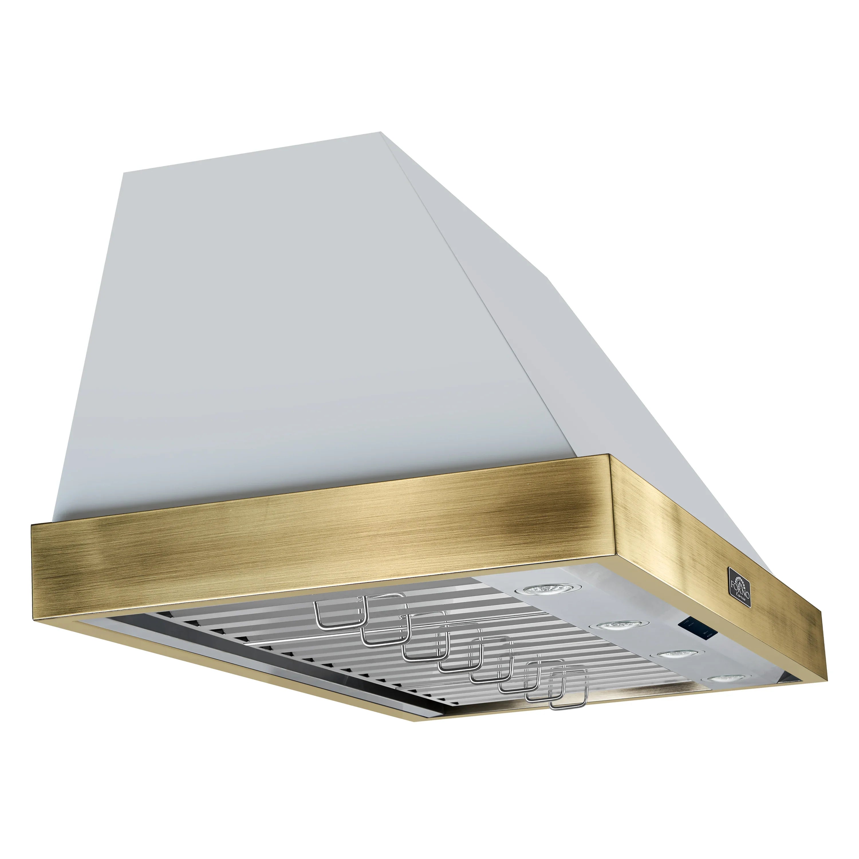 Forno white range hood front view with antique brass frame and metal vent interior