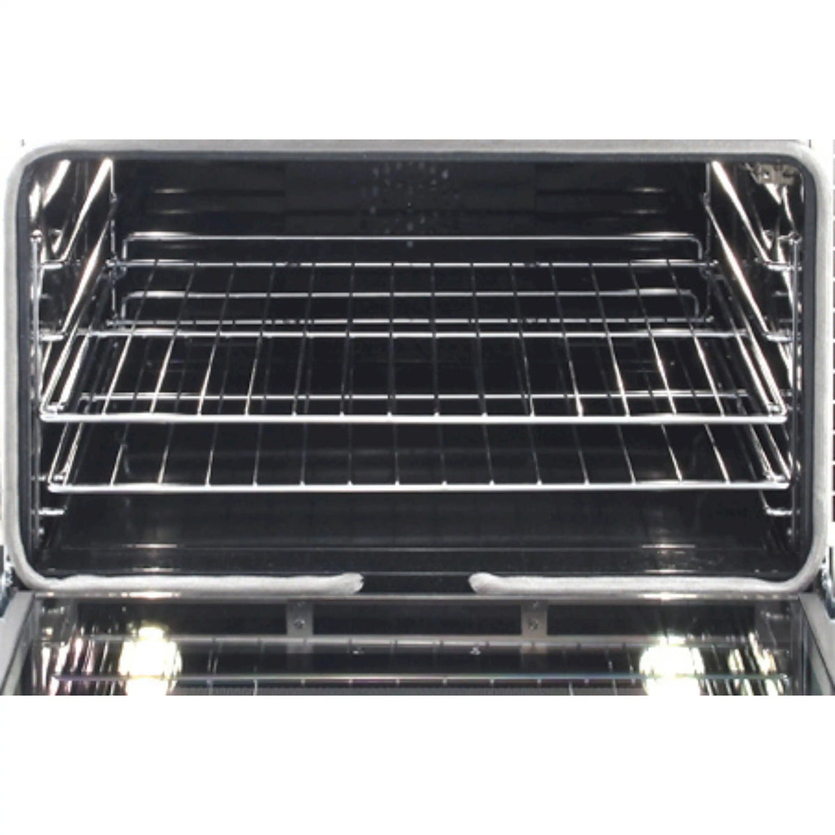 Open oven door showing black oven cavity with wire oven rack shelves